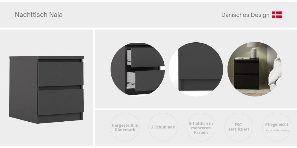 INOSIGN Nachttisch »Naia, 2 Schubladen, Aufbewahrung für das Schlafzimmer, grifflose Front«, Modern, skandinavisches Design, Schmal, in mehrere Farben