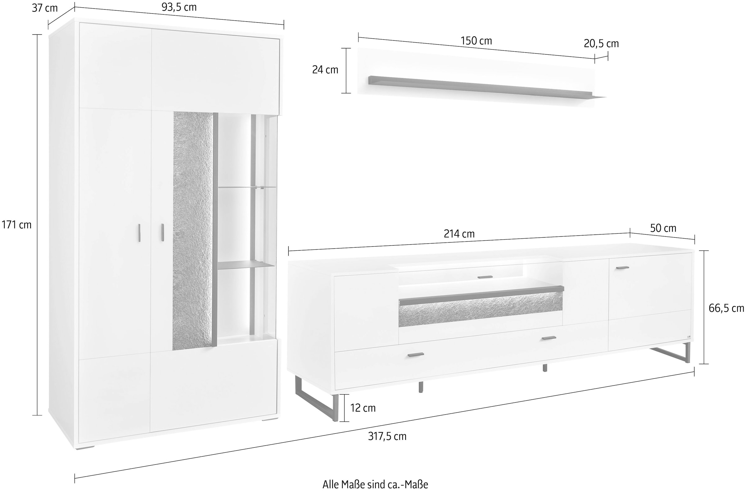 set one by Musterring TV-Wand »Deltona«, (3 St.), Zierelemente aus Sandstein, inkl. Beleuchtung, Gesamtbreite ca. 317 cm