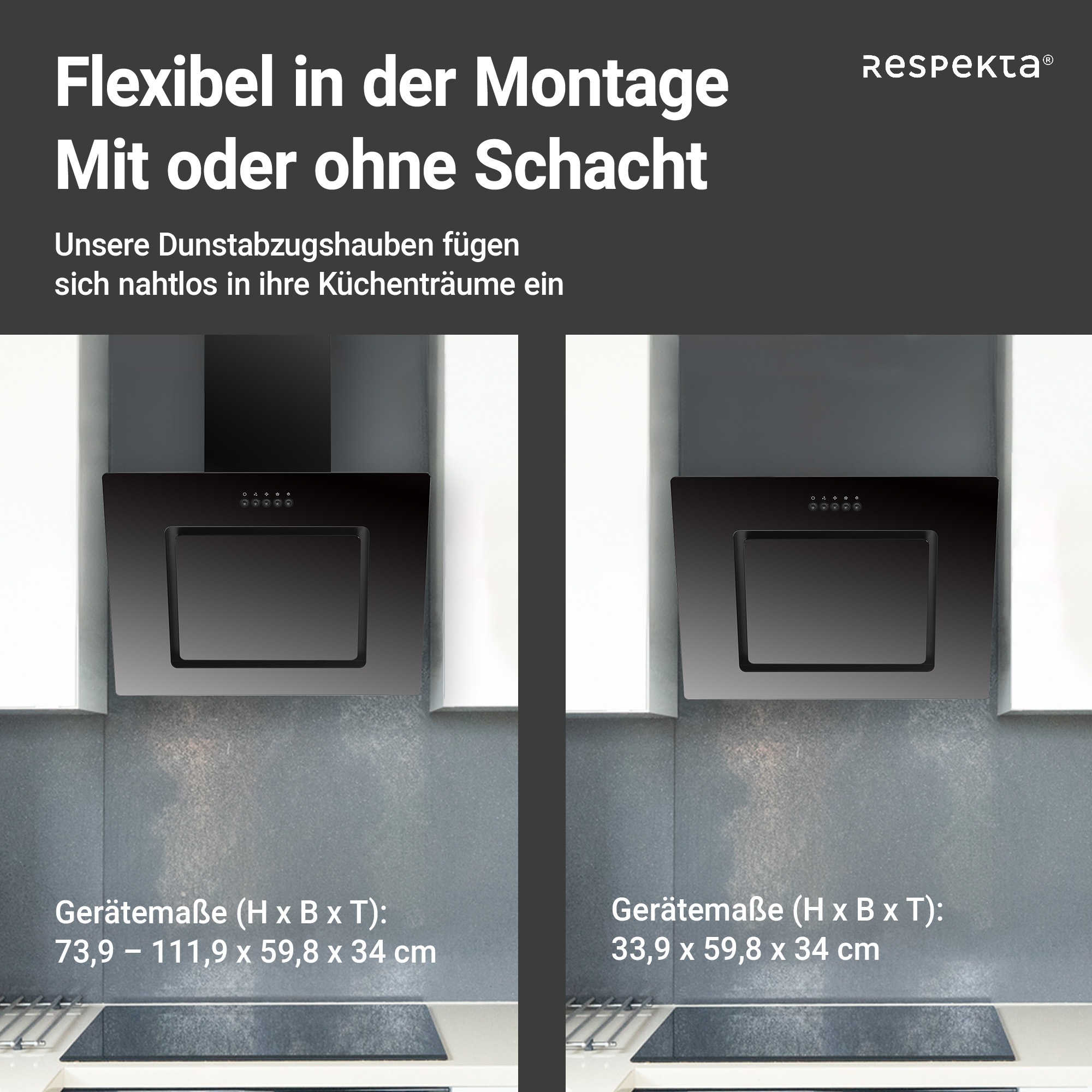 RESPEKTA Kopffreihaube »CH22010«, 60 cm, 3 Leistungsstufen, LED-Beleuchtung, Ab- und Umluftfähig