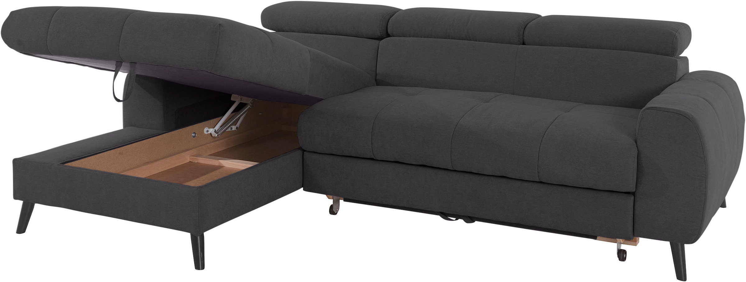 COTTA Ecksofa »Mia L-Form mit 3 Zierkissen«, wahlweise mit Bettfunktion, Bettkasten, Beleuchtung & Wireless-Charger