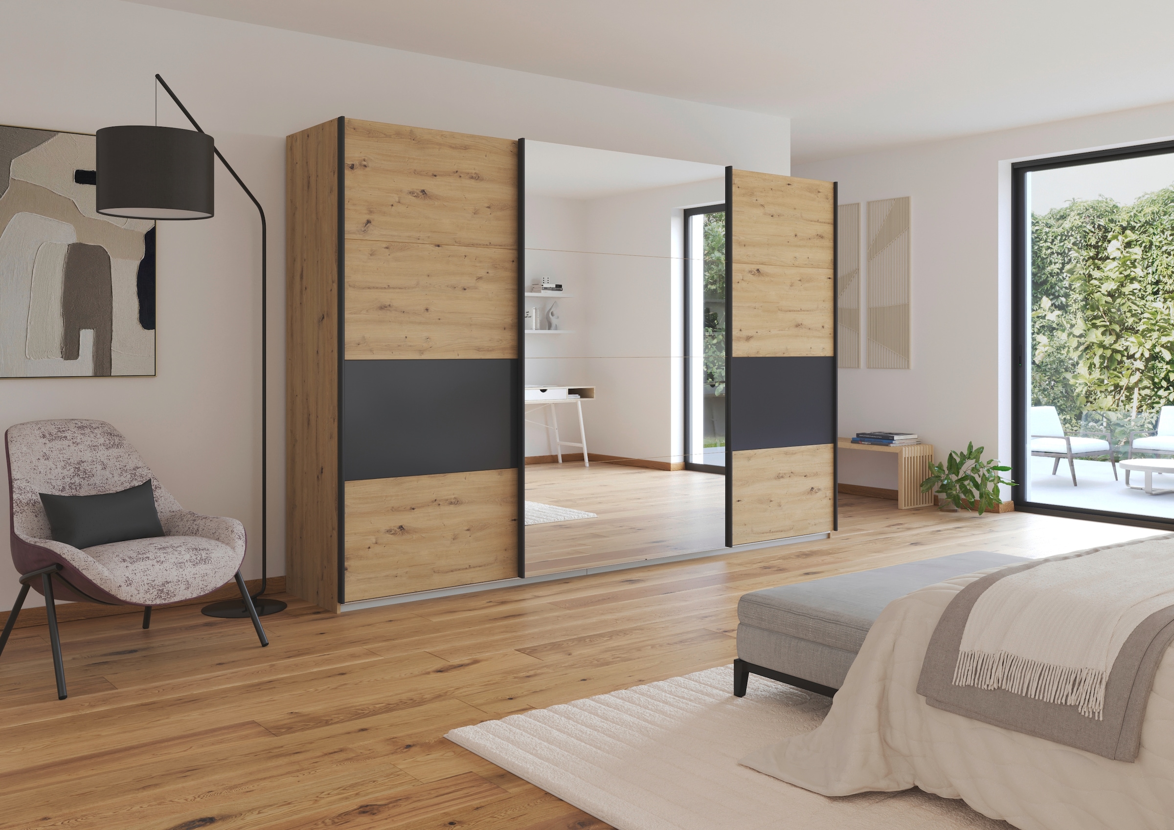 rauch Schwebetürenschrank »Schwebetürenschrank Kleiderschrank Schrank Garderobe CORTONA«, inkl. Inneneinteilung, 2 Stoffboxen und zusätzlichen Einlegeböden