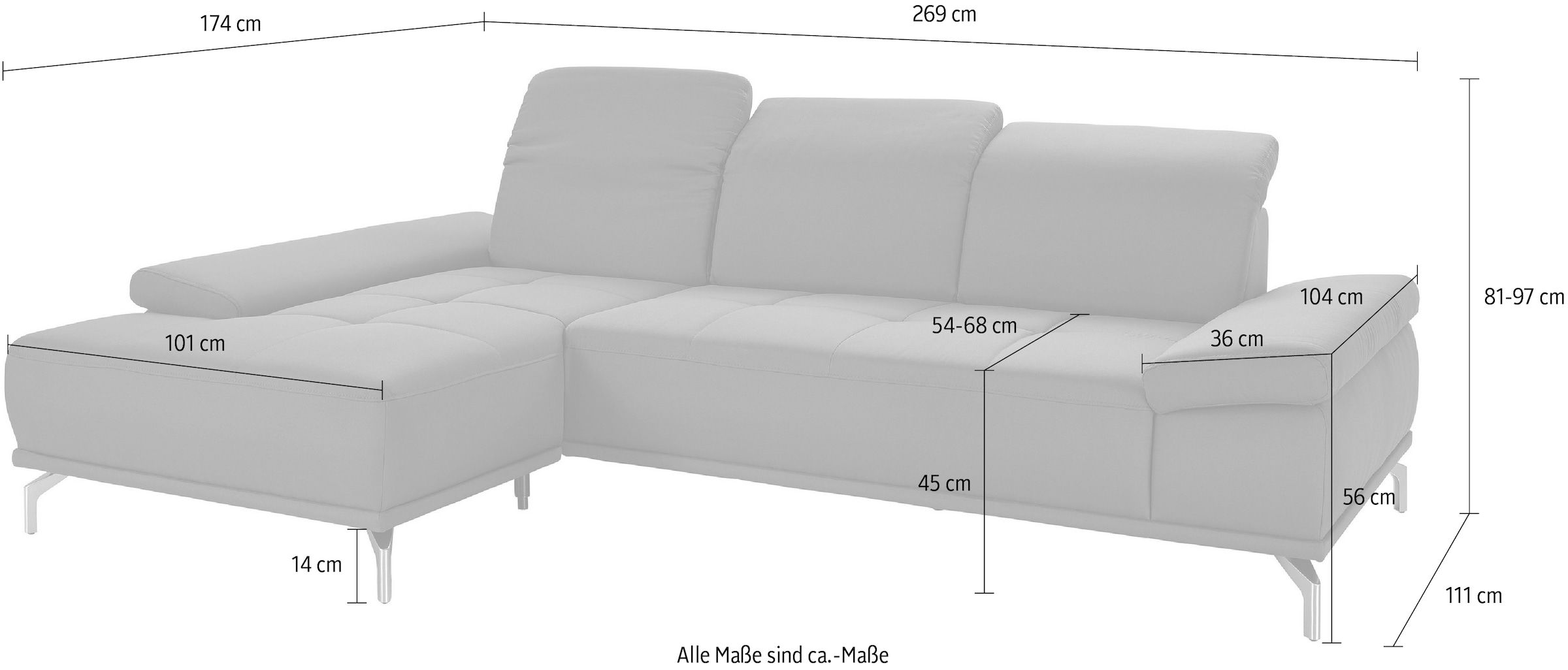 PLACES OF STYLE Ecksofa »Caluna« Inkl.Sitztiefenverstellung, wahlweise mit Kopf- und Armteilverstellung
