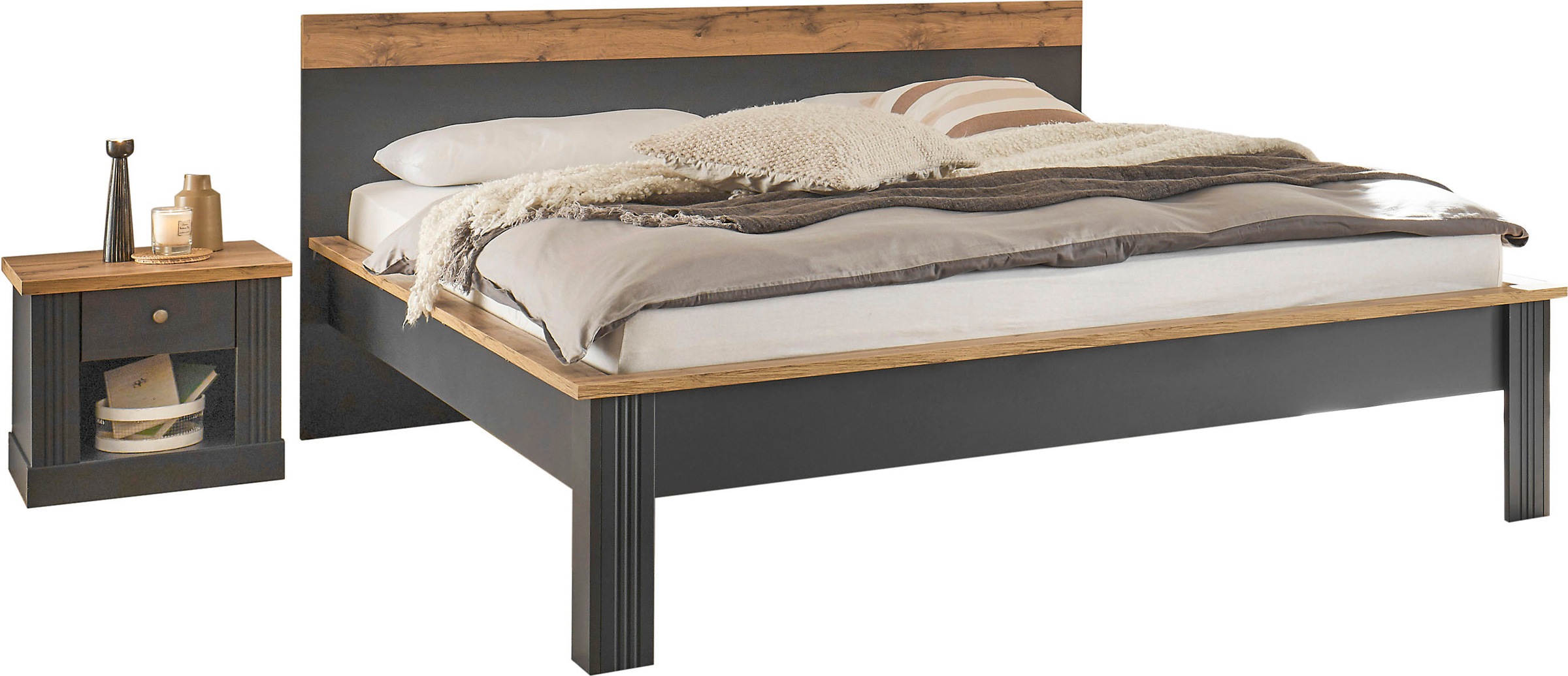 Schlafzimmer-Set OTTO HOME Westminster, grau, B/H: 180cm x 200cm, Schlafzimmermöbel-Sets, Schlafzimmer-Set, Bett Liegefläche 180/200cm und 2 Nachtkommoden