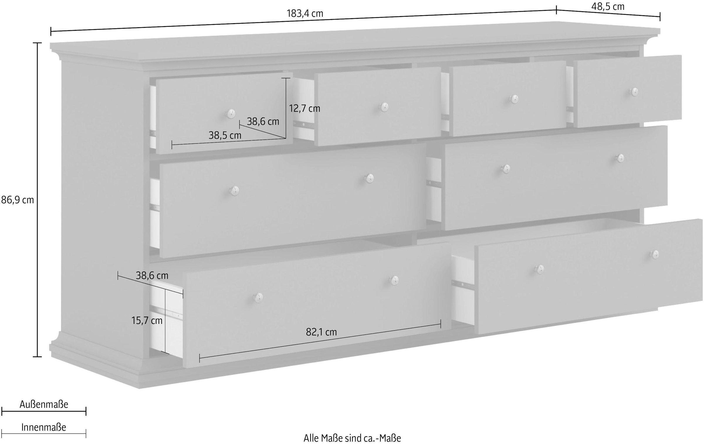 Home affaire Kommode »Paris, Aufbewahrung, Schubladenschrank, Stauraum«, mit 8 Schubladen, Breite 184 cm, Höhe 87 cm