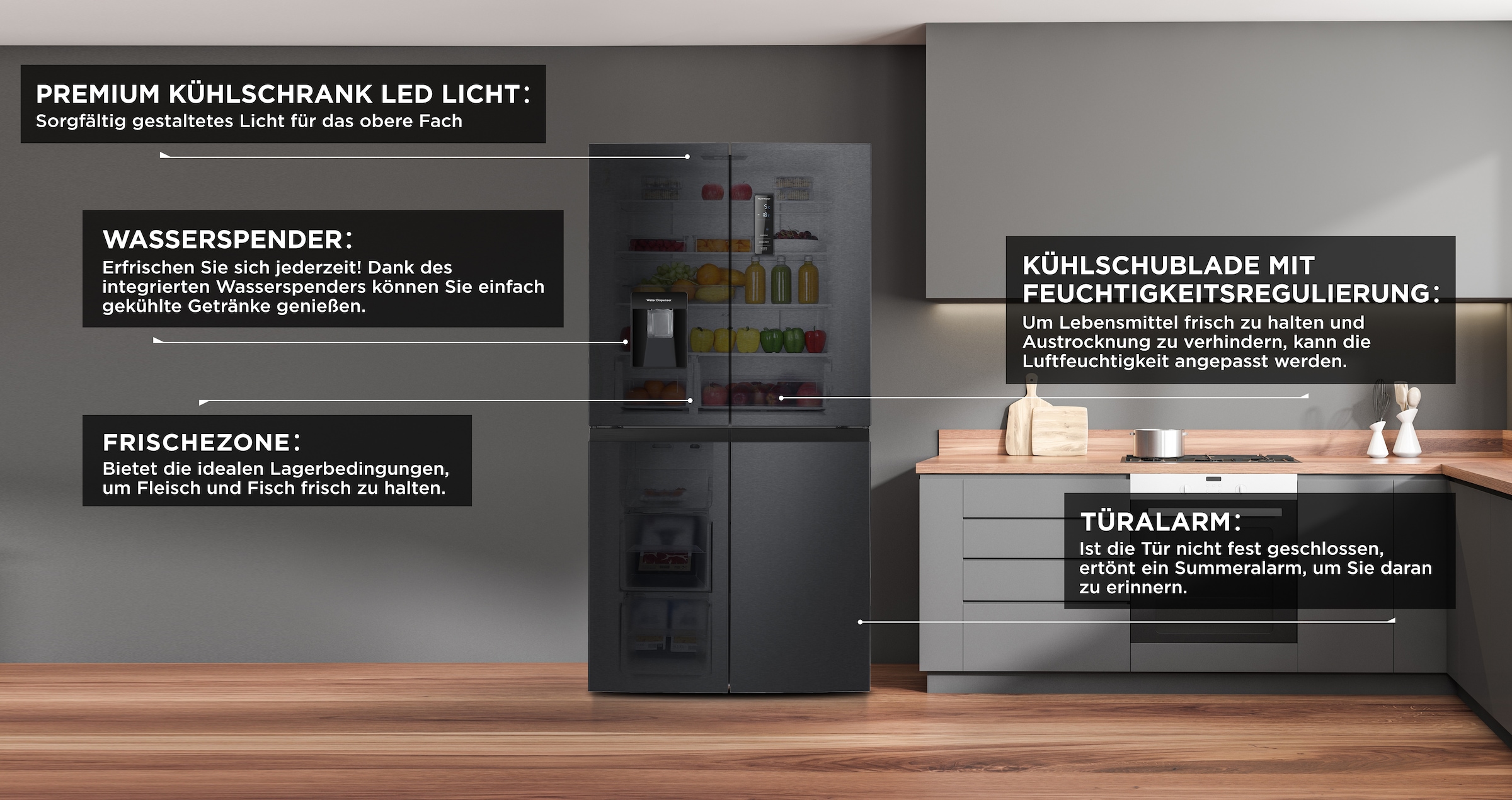 Hanseatic Multi Door »HCDC18080CWDBI«, NoFrost, Wasserspender, Display