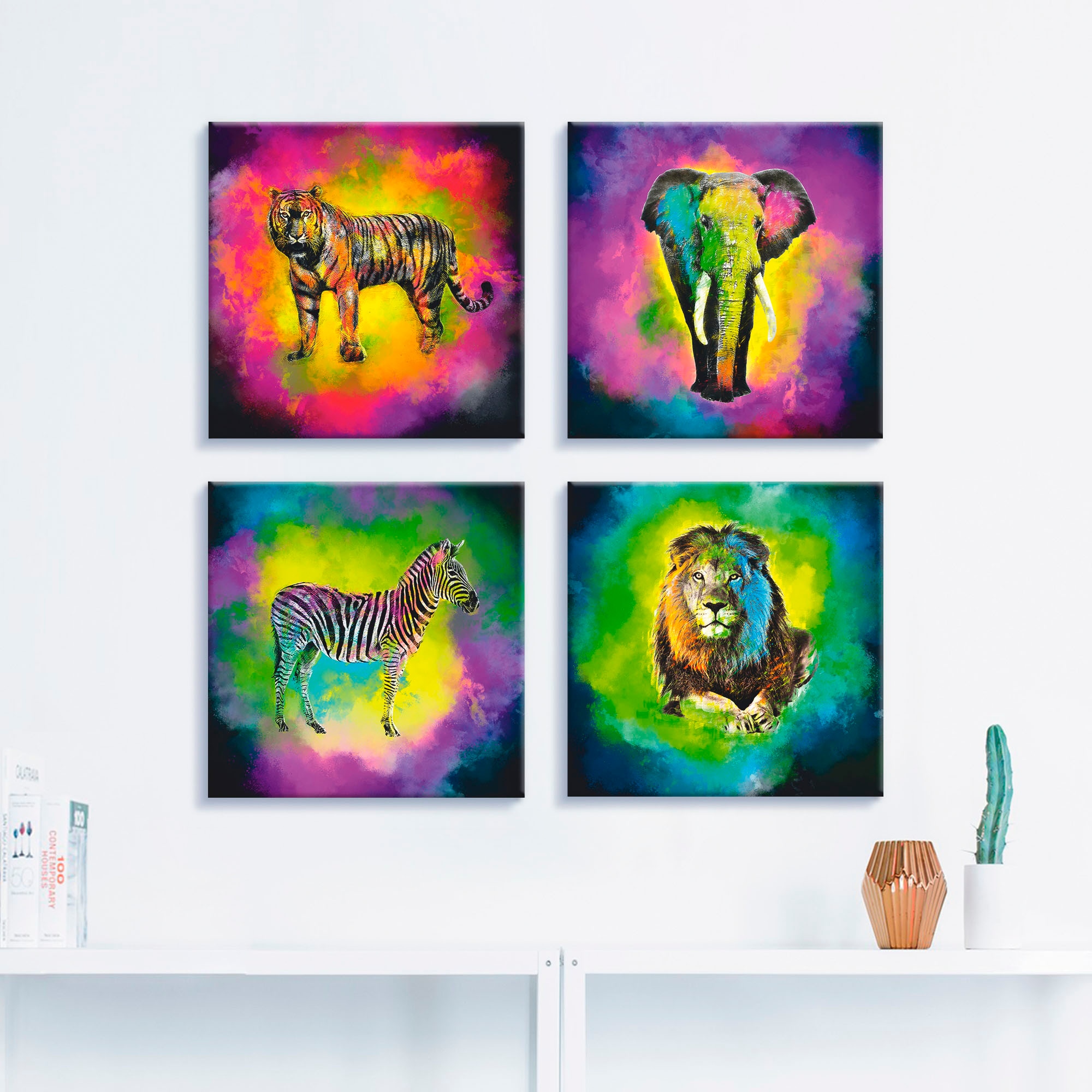 Artland Leinwandbild »Farbexplosion Elefant Löwe Zebra Tiger«, Wildtiere, ( günstig online kaufen