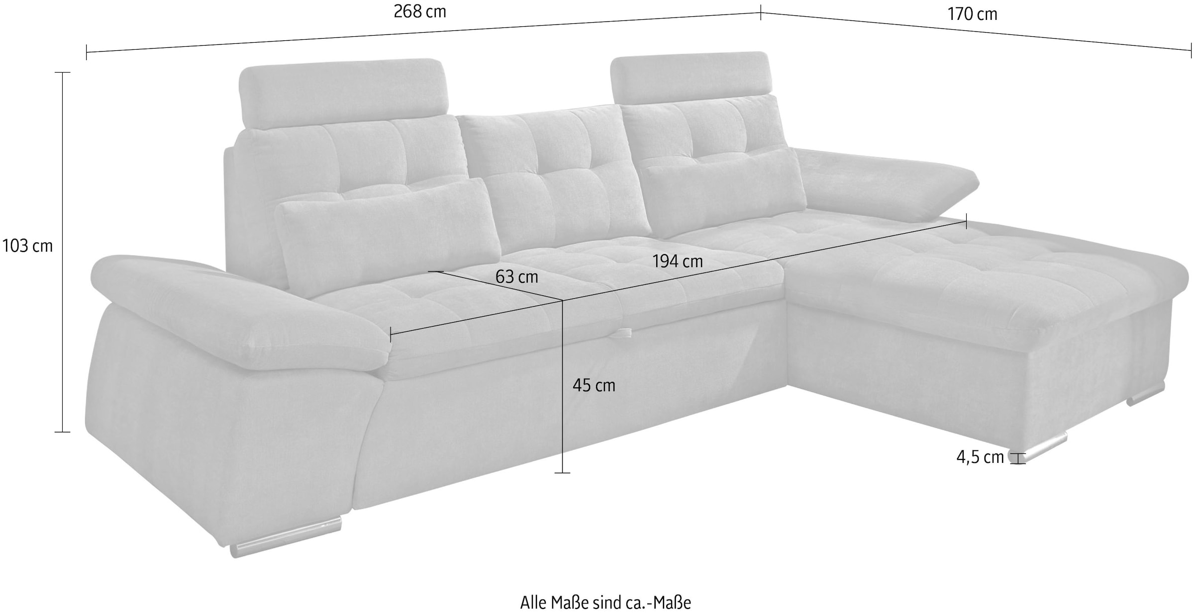 ED EXCITING DESIGN Ecksofa »Nalo L-Form« mit Bettfunktion, Armteilverstellung, Kopfstützen & 2 Nierenkissen