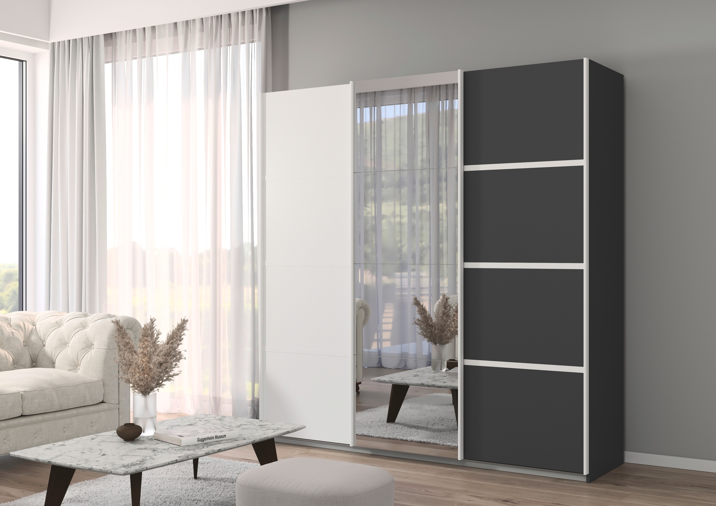 rauch Kleiderschrank »Schwebetürenschrank OTTO´s Choice Garderobe Schrank TOP ANGEBOT Avola«, (in 3 verschiedenen Ausstattungen BASIC/CLASSIC/PREMIUM inkl. Spiegel), mit eleganten Zierleisten in Chrom, Schwarz oder Weiß MADE IN GERMANY
