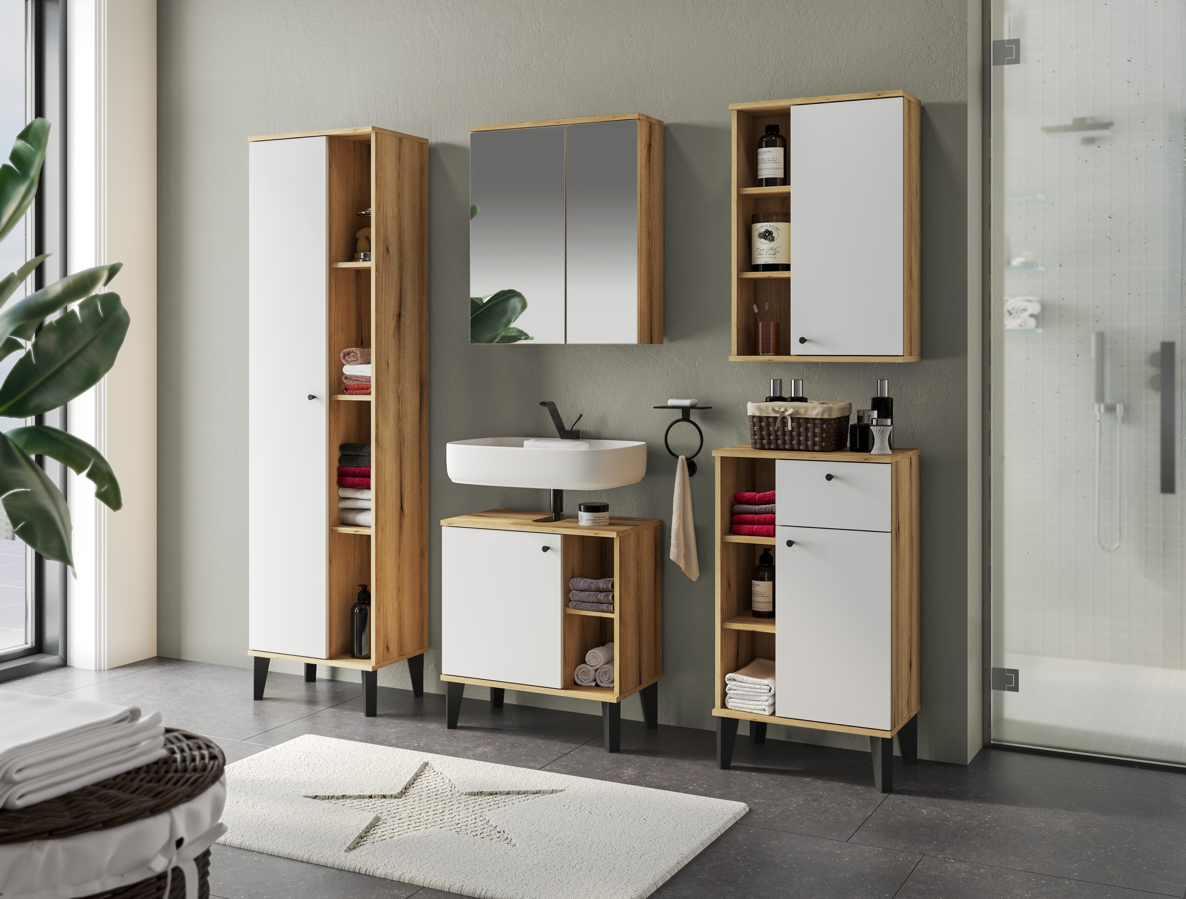 INOSIGN Hängeschrank »Oslo, Badschrank mit Knopfgriff, Wandschrank im skandinavischen Design«, in der Türfarbe Weiß oder Grau verfügbar, ausreichend Stauraum