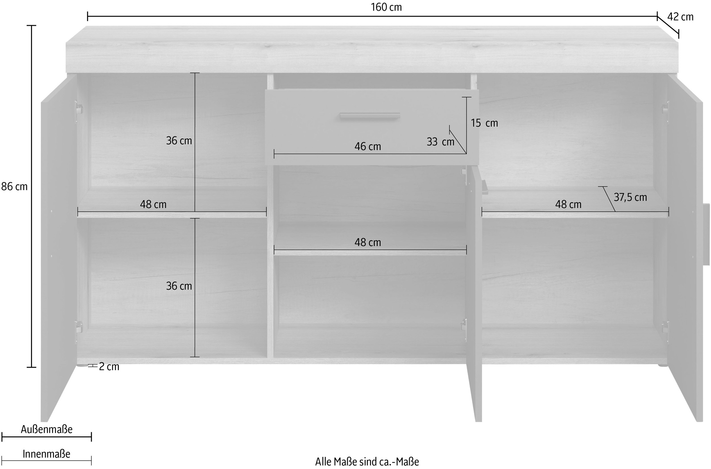 Home affaire Sideboard »Ghent«, (Packung, 1 St.), Kommode mit Hirnholzapplikationen - (B/T/H): 160/42/86 cm