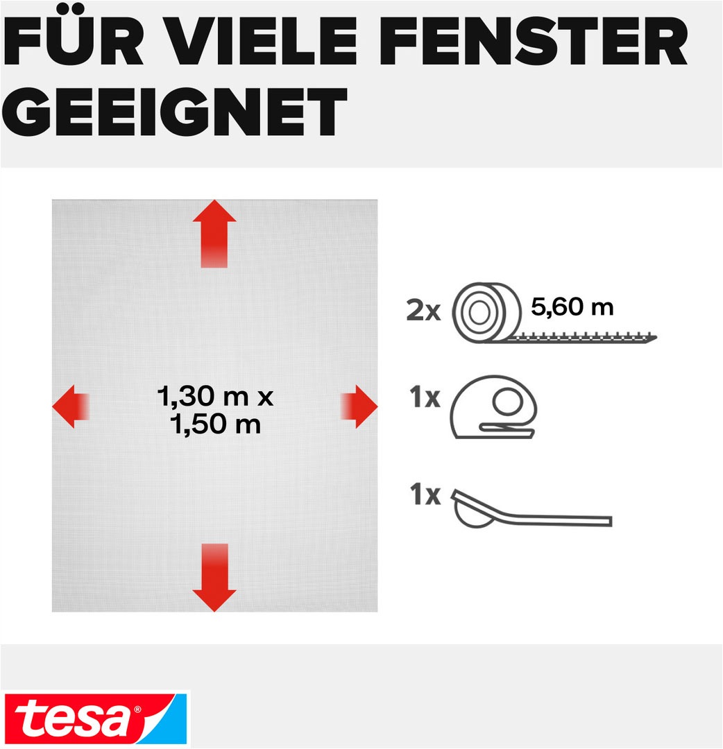 tesa Fliegengitter-Gewebe »2-in-1 Sonnenschutz- und Fliegengitter Premium für Fenster« Packung, Fliegennetz, Klettband, 1 Stk. tlg. INSECT STOP Fliegen Netz ohne Bohren - 130 cm x 150 cm