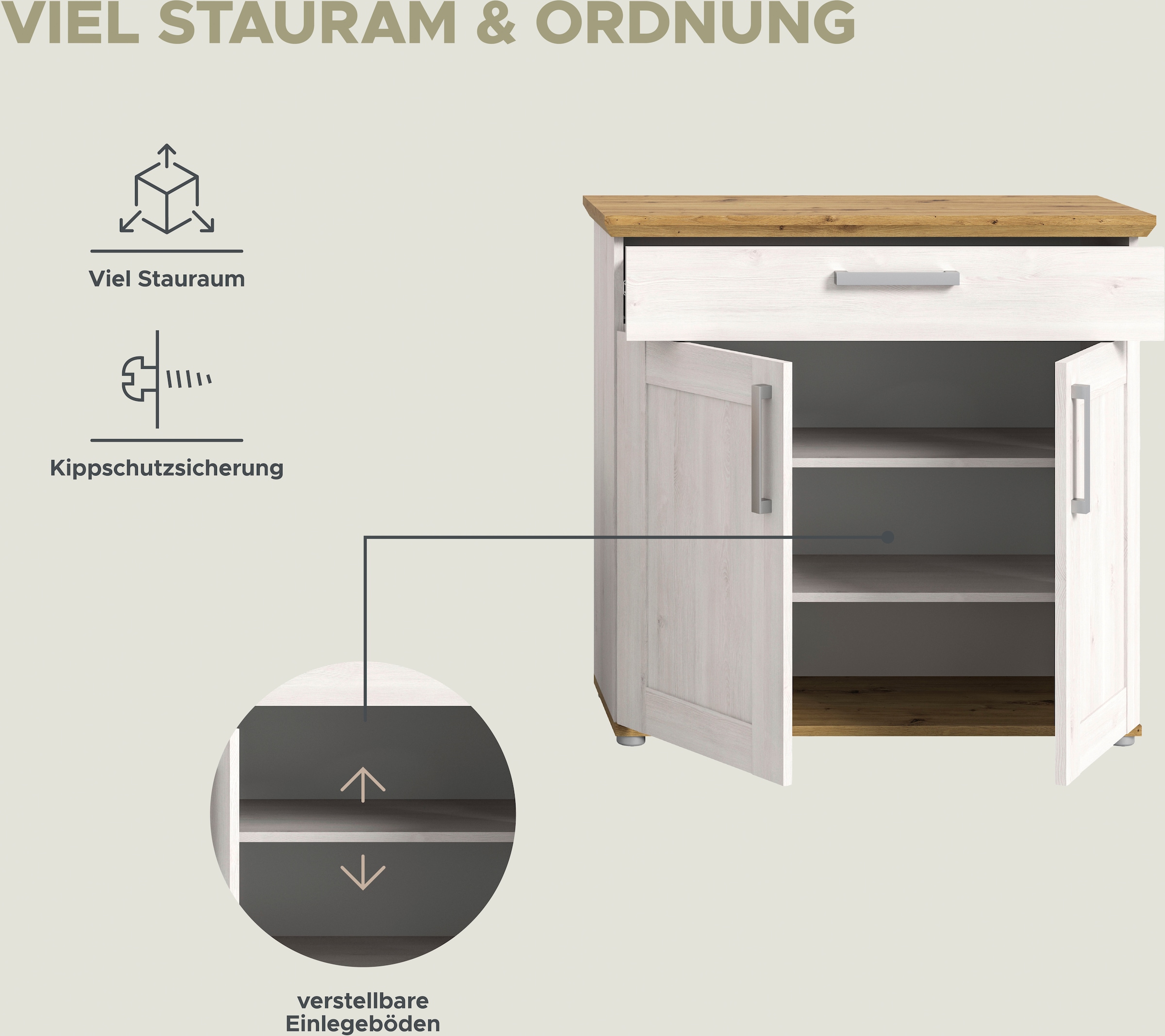 Home affaire Garderoben-Set »Cosenza, Breite ca. 190 cm, 2-farbig, 4-teilig, bestehend aus:«, (4 St.), Sitzbank, Garderobenpaneel, Schuhschrank, Spiegel, in Landhausoptik