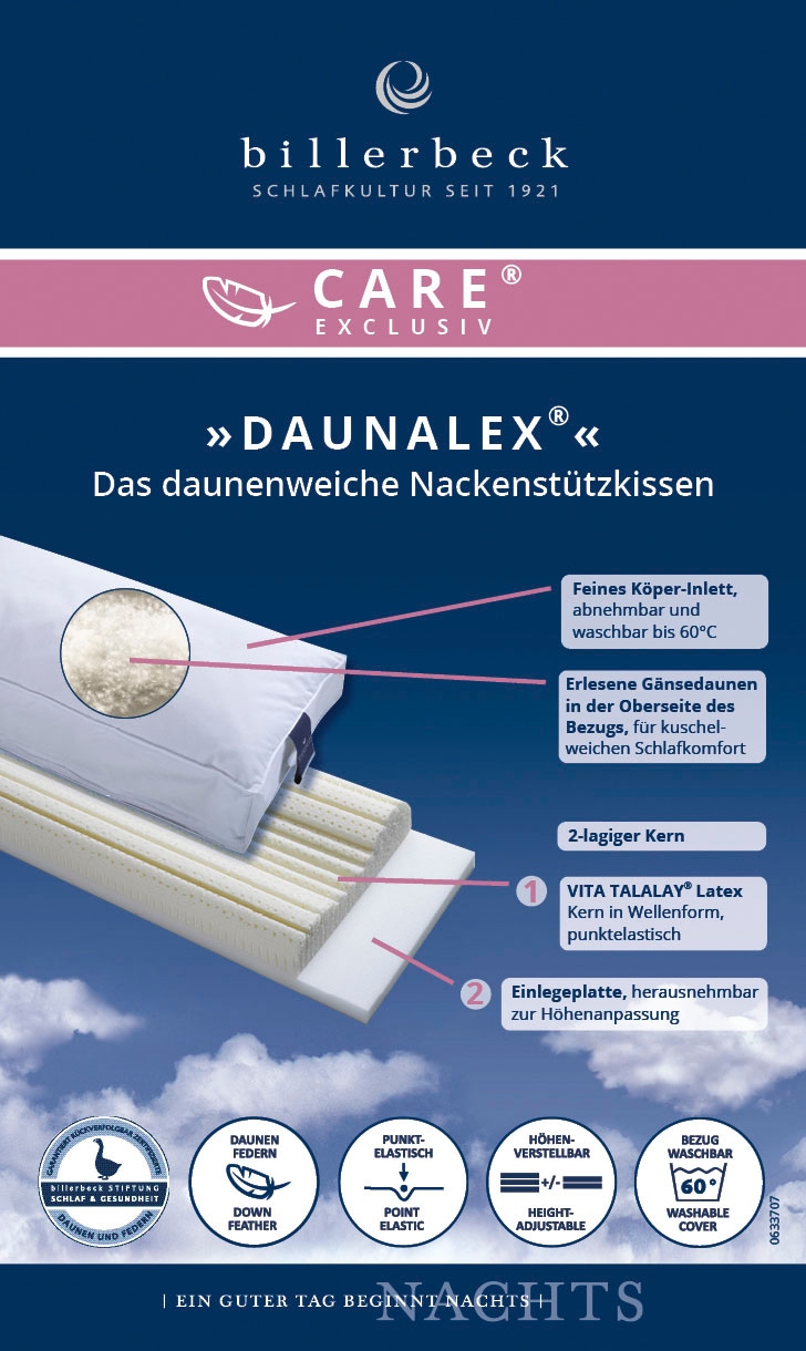 billerbeck Nackenstützkissen »Daunalex, Kissen ist Allergiker freundlich (Hausstauballergiker)«, Füllung: 90% Gänsedaunen & 10% Gänsefedern, Bezug: 100% Baumwolle, (1 St.), Das Daunenweiche Nackenstützkissen
