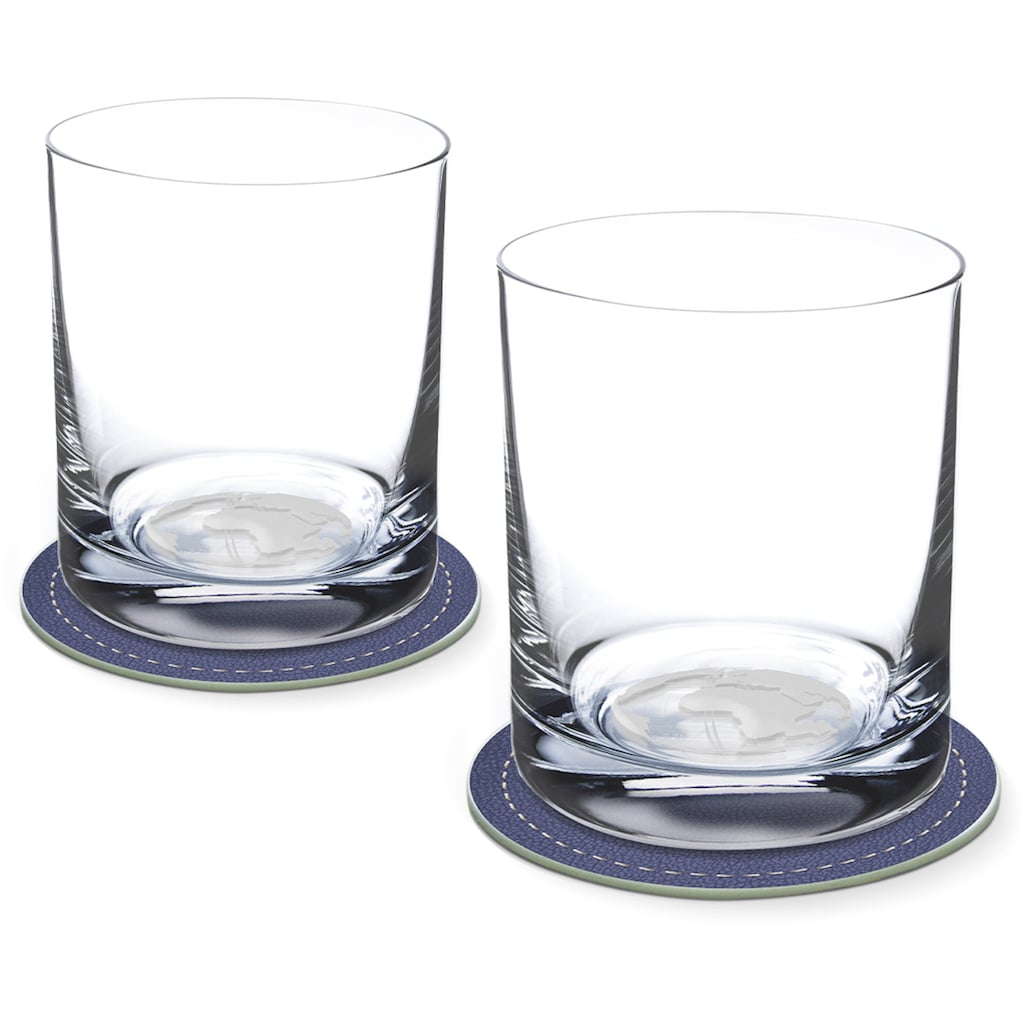 Contento Whiskyglas, (Set, 4 tlg., 2 Whiskygläser und 2 Untersetzer), Weltkugel, 400 ml, 2 Gläser, 2 Untersetzer