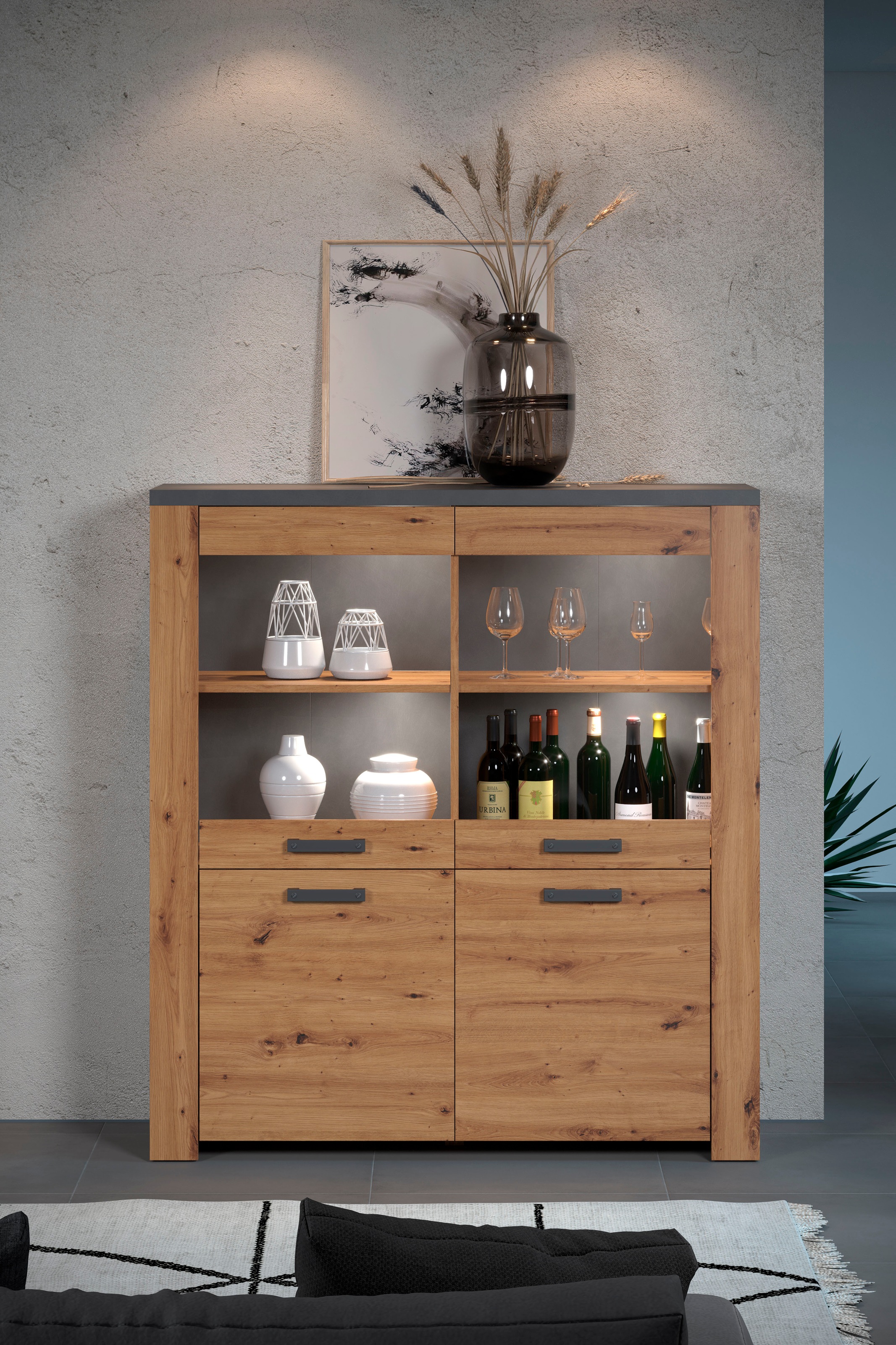 Home affaire Highboard »Ambres«, (1 St.), Vitrine, Echtholzoptik, ca. Maße BxH: 127x139 cm