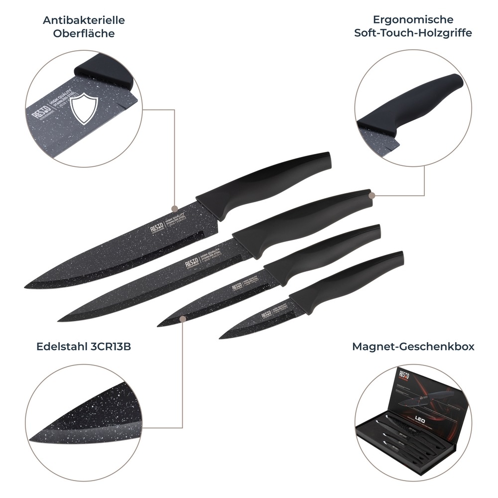 RESTO Kitchenware Messer-Set »Leo, Edelstahlmesser 4-teilig in Magnet-Geschenkbox«, (Set, 4 tlg.), Kochmesser, Tranchiermesser, Universalmesser, Gemüsemesser