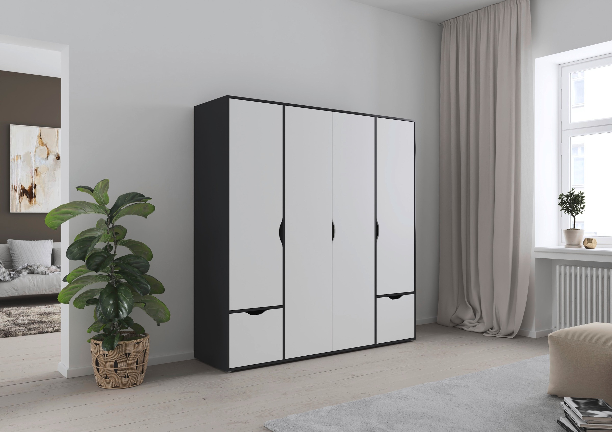 rauch Drehtürenschrank »Kleiderschrank Schrank Garderobe Wäscheschrank NARAI mit Schubladen«, (in 3 verschiedenen Ausstattungen BASIC/CLASSIC/PREMIUM), Griffausfräsungen für eine grifflose Optik TOPSELLER MADE IN GERMANY