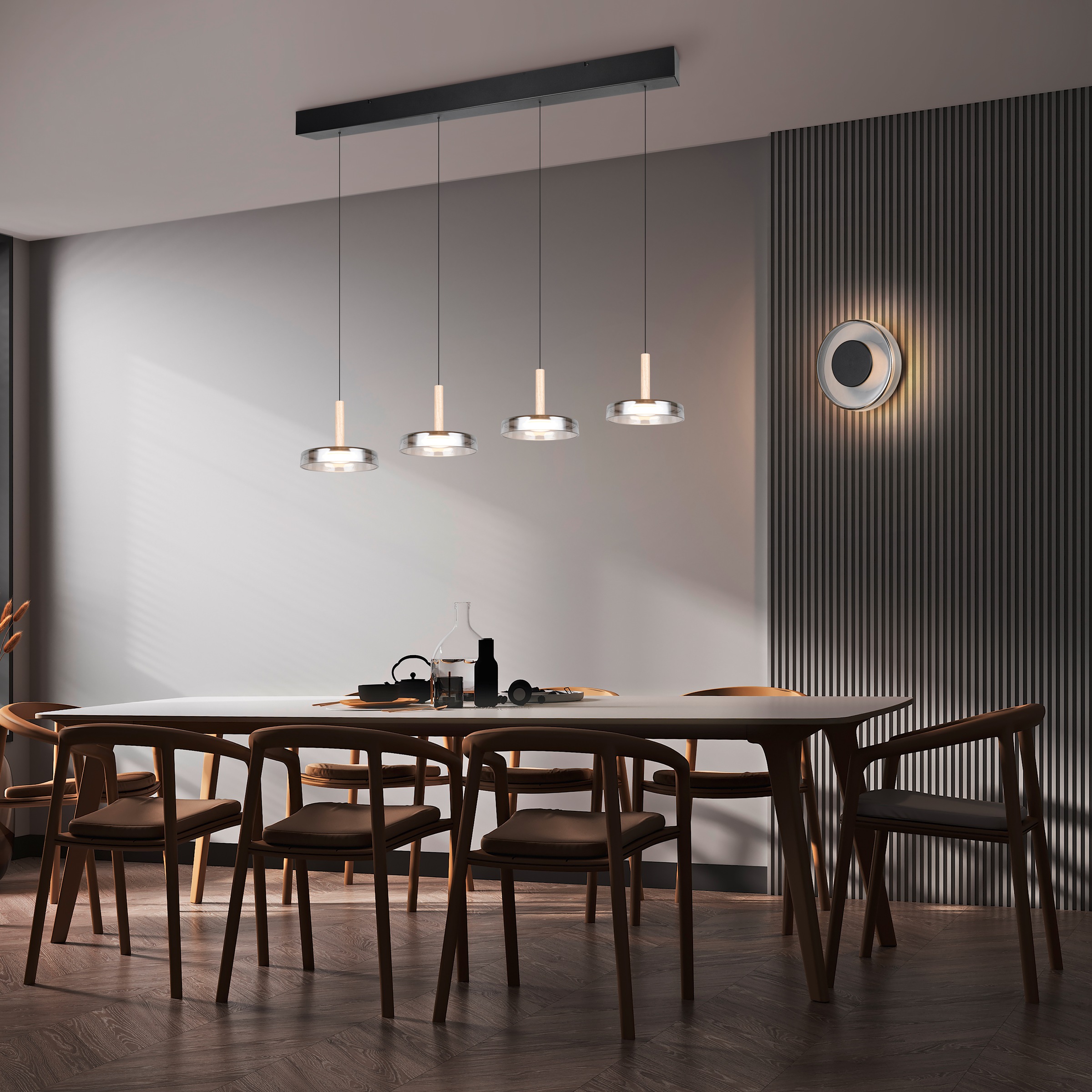 TRIO Leuchten LED Pendelleuchte »CELESTE dimmbare LED Hängelampe aus Metall Glas & Holz, 7,5W 750 Lumen«, 4 flammig, Leuchtmittel LED-Board | LED fest integriert, 4-flammig einfach höhenverstellbar von 50-200 cm 3-Stufen Dimmfunktion