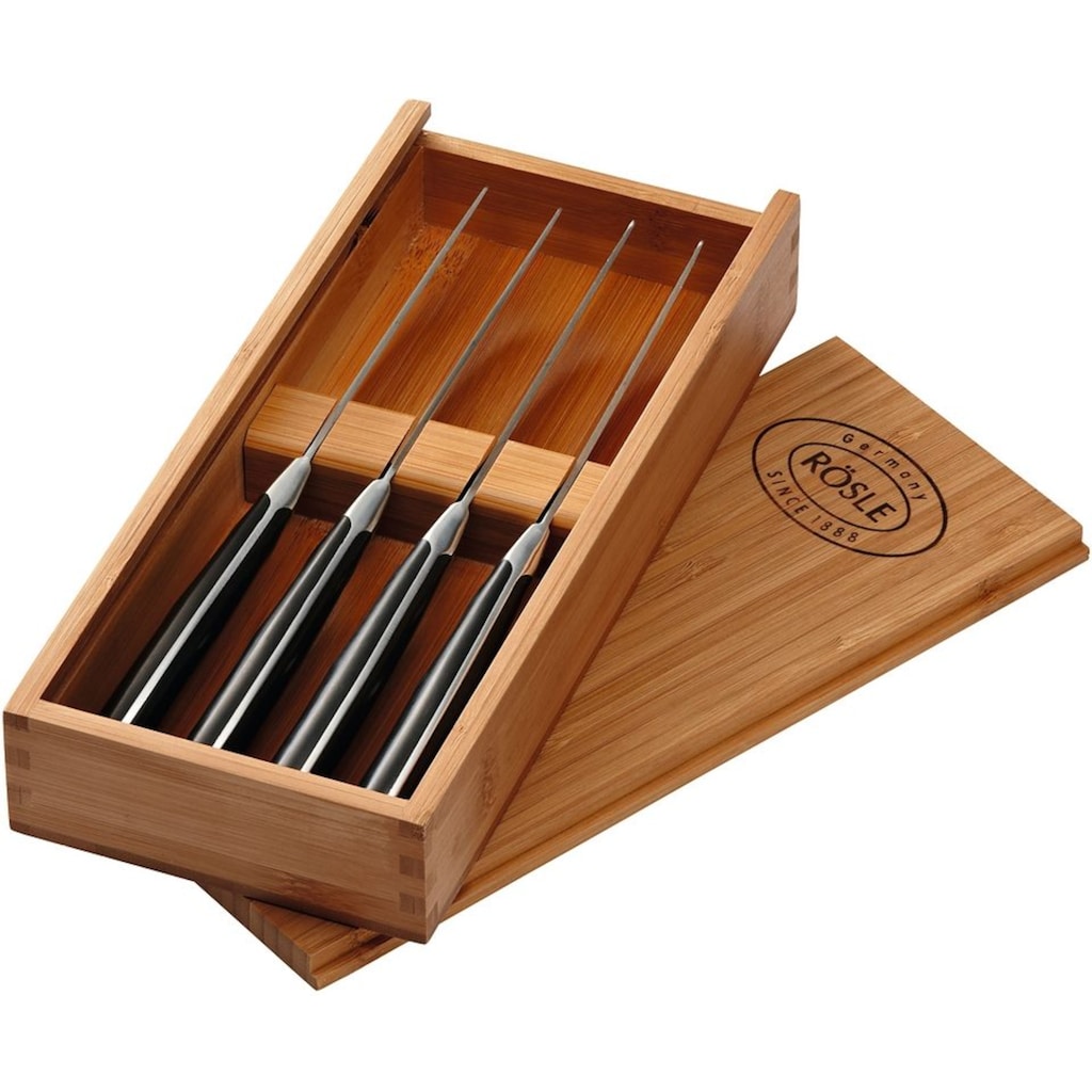 RÖSLE Steakmesser, (Set, 4 tlg.), 4 Steakmesser mit Klinge aus Klingenspezialstahl, inkl. Holzbox