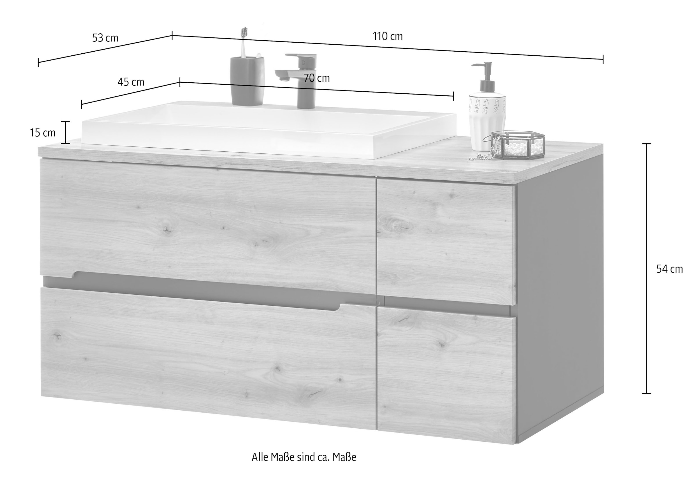 BASIC by Balculina Waschtisch »Memphis, Waschtisch BxHxT 110 x 54 x 53«, Breite 110 cm, mit Waschbecken, Softclose