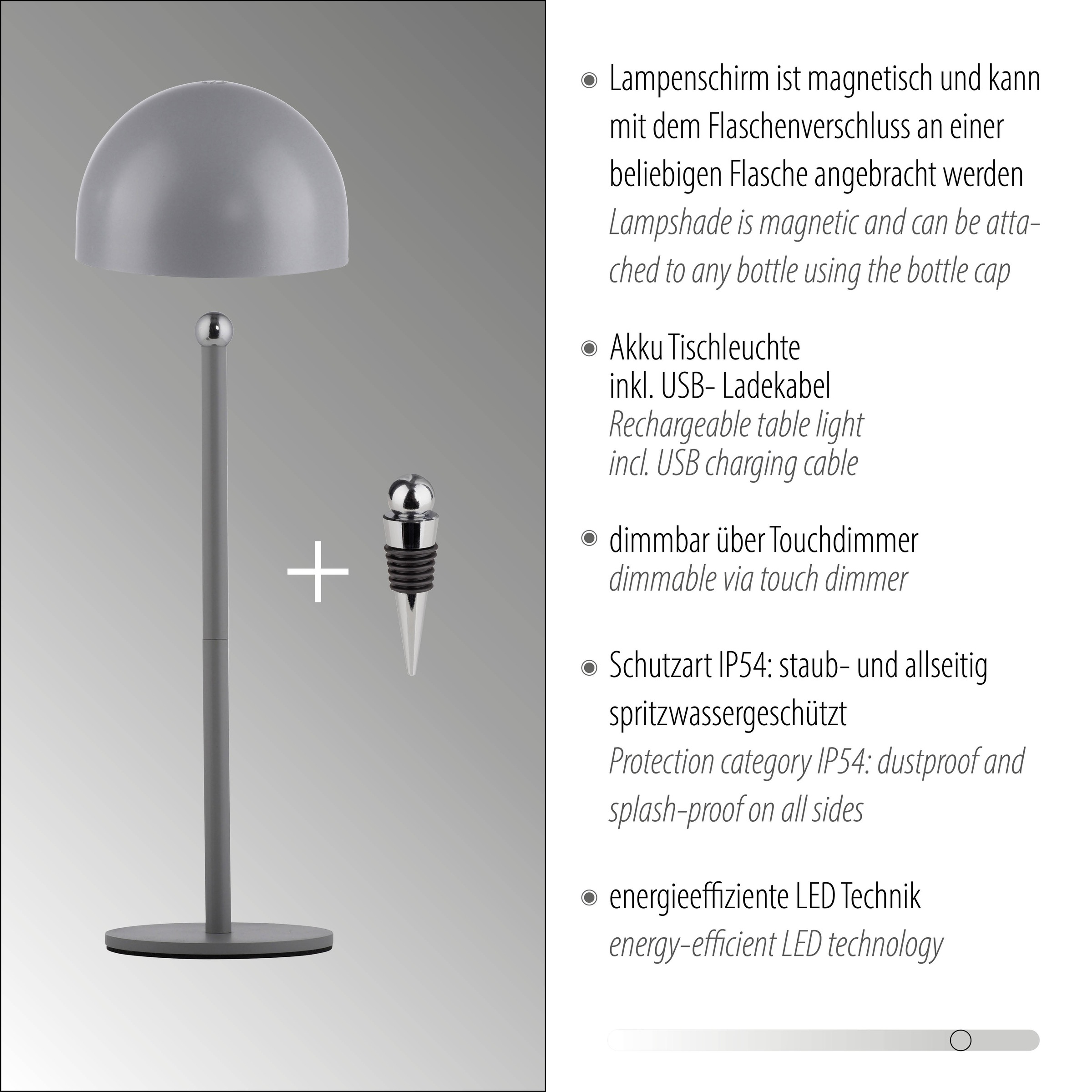 my home Tischleuchte »Akku Tischleuchte Hesper Indoor Outdoor, magnetischer Flaschenaufsatz«, 1 flammig, Leuchtmittel LED-Board | LED fest integriert, Pilzlampe Flaschenaufsatz, Regulierung der Lichtstärke, Pilz, Lampe