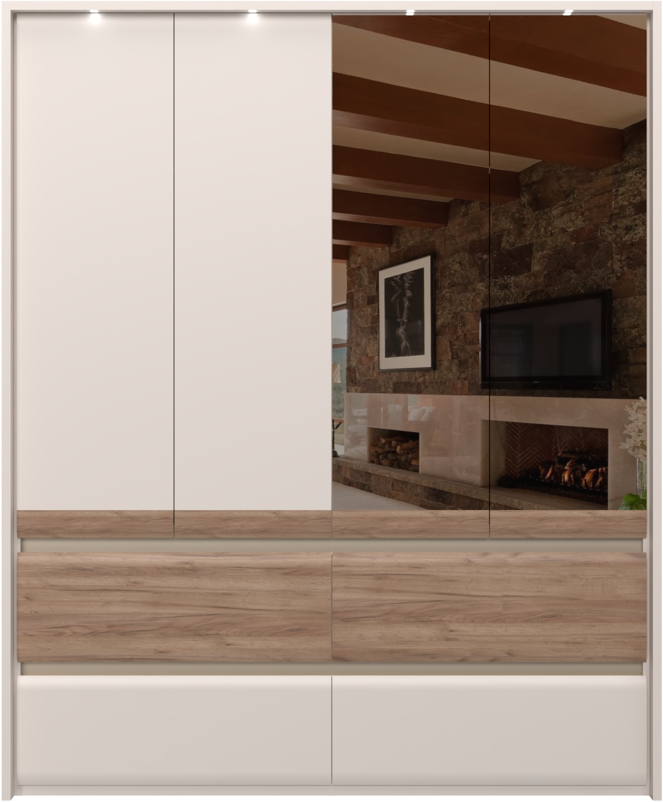 Places of Style Kleiderschrank »Invictus, UV lackiert, FSC-zertifiziert, grifflose Optik«, (abgerundete Schubladen aus MDF im Holzdekor, soft-close), mit Beleuchtung und Spiegel, in 4 Breiten, hoher Schrank (226cm)