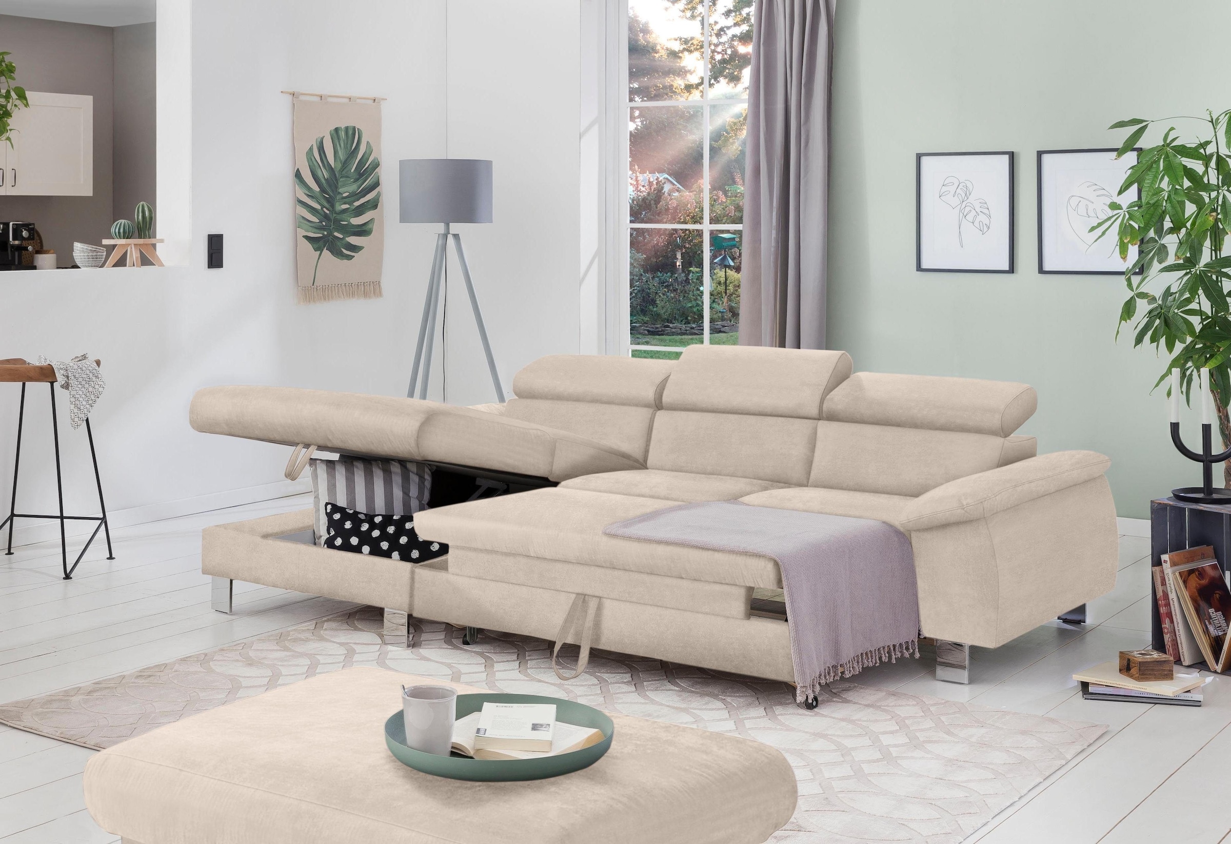 COTTA Polstergarnitur »Komaris L-Form«, (Set), Set bestehend aus: Ecksofa mit Kopfteilverstellung & Hocker