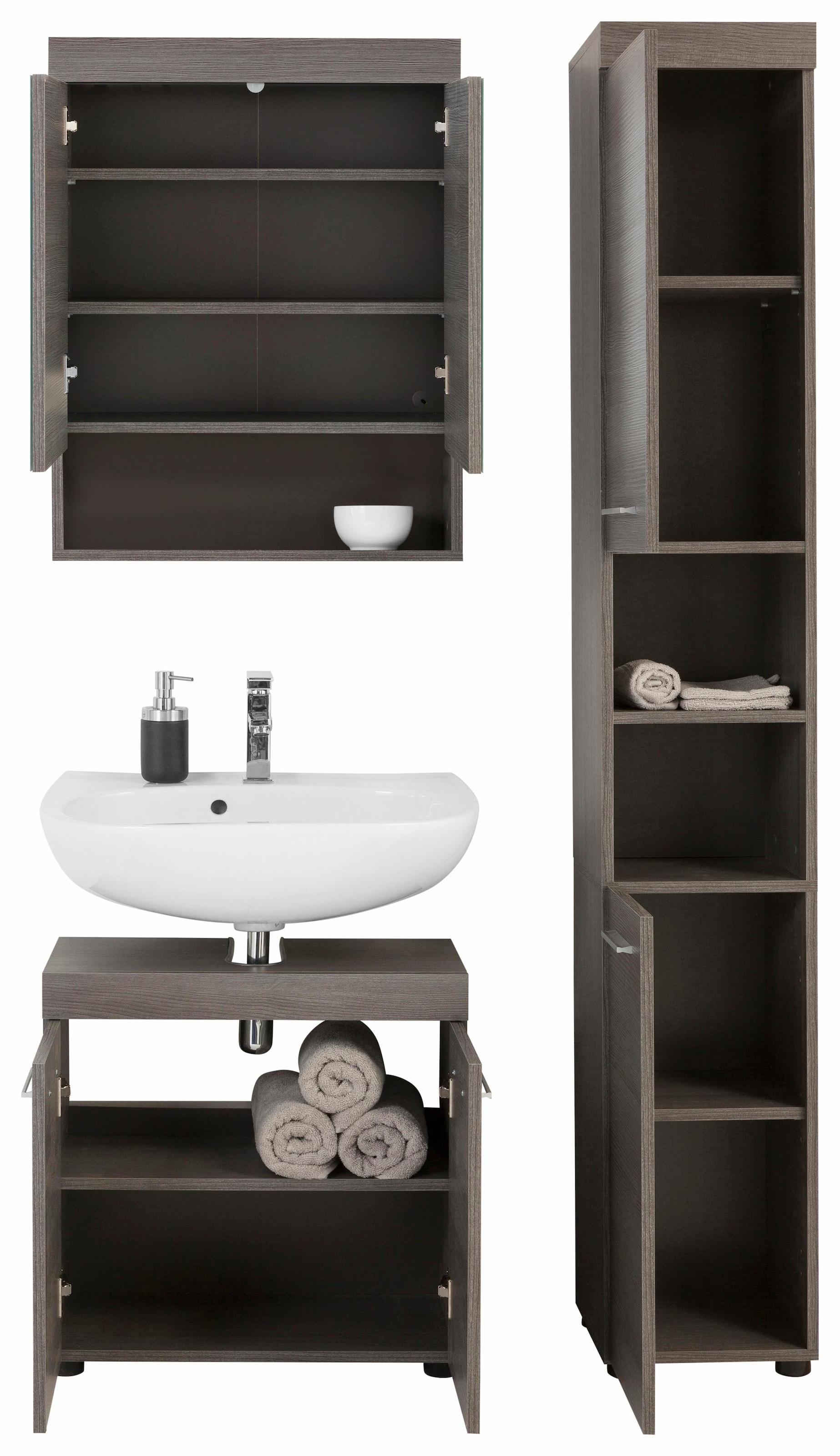 welltime Badmöbel-Set »Royan«, (Set, 3 St.), Rauchsilber Badezimmermöbel Waschtisch, Spiegelschrank und Hochschrank