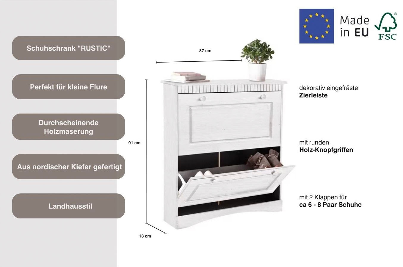 Home affaire Schuhschrank »Rustic«, mit Knopfgriffen aus massiver Kiefer,FSC®-zertifiziert,Kassetenoptik