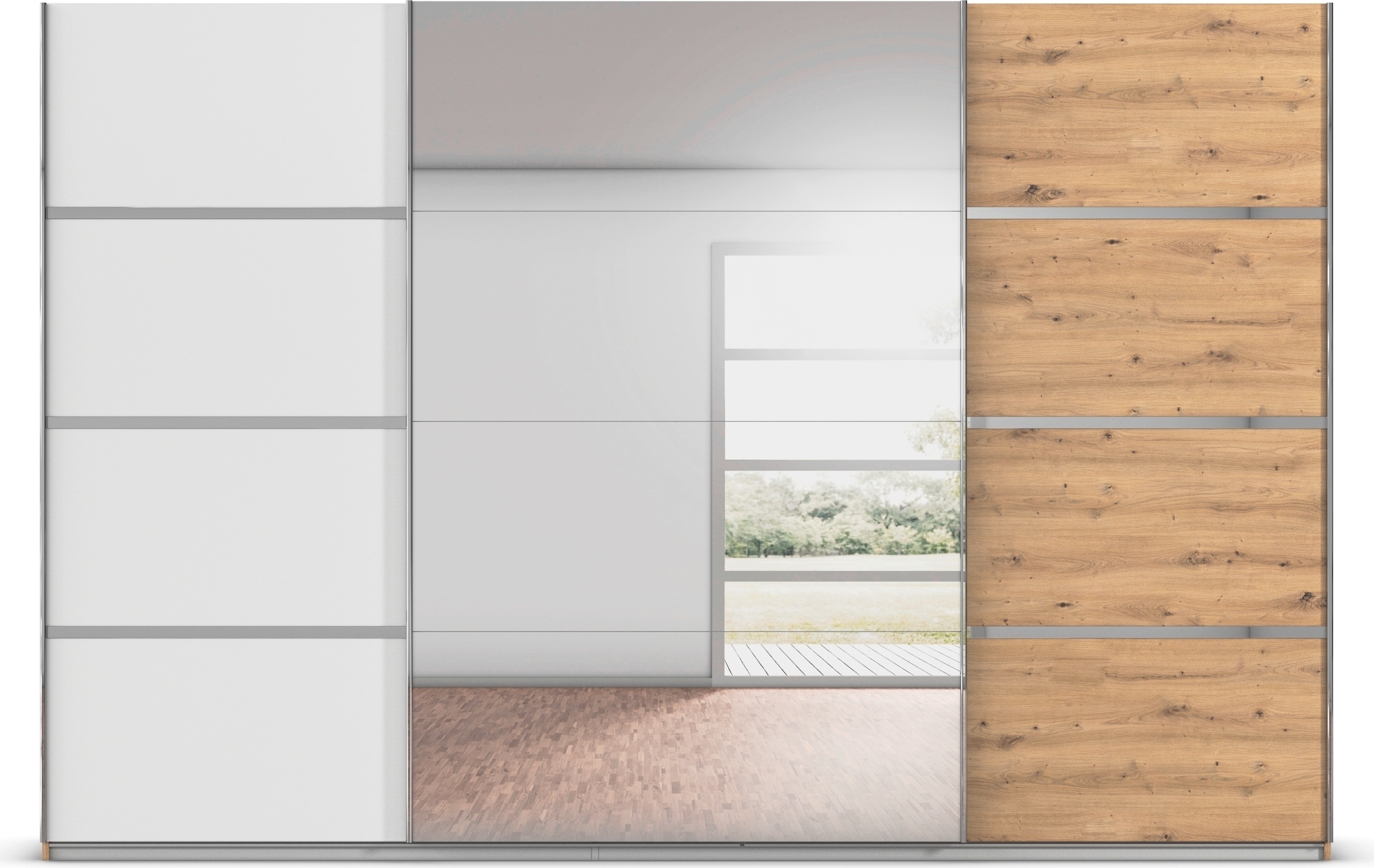 rauch Kleiderschrank »Schwebetürenschrank Garderobe Schrank TOP ANGEBOT Avola«, (in 3 verschiedenen Ausstattungen BASIC/CLASSIC/PREMIUM inkl. Spiegel), mit eleganten Zierleisten in Chrom, Schwarz oder Weiß MADE IN GERMANY