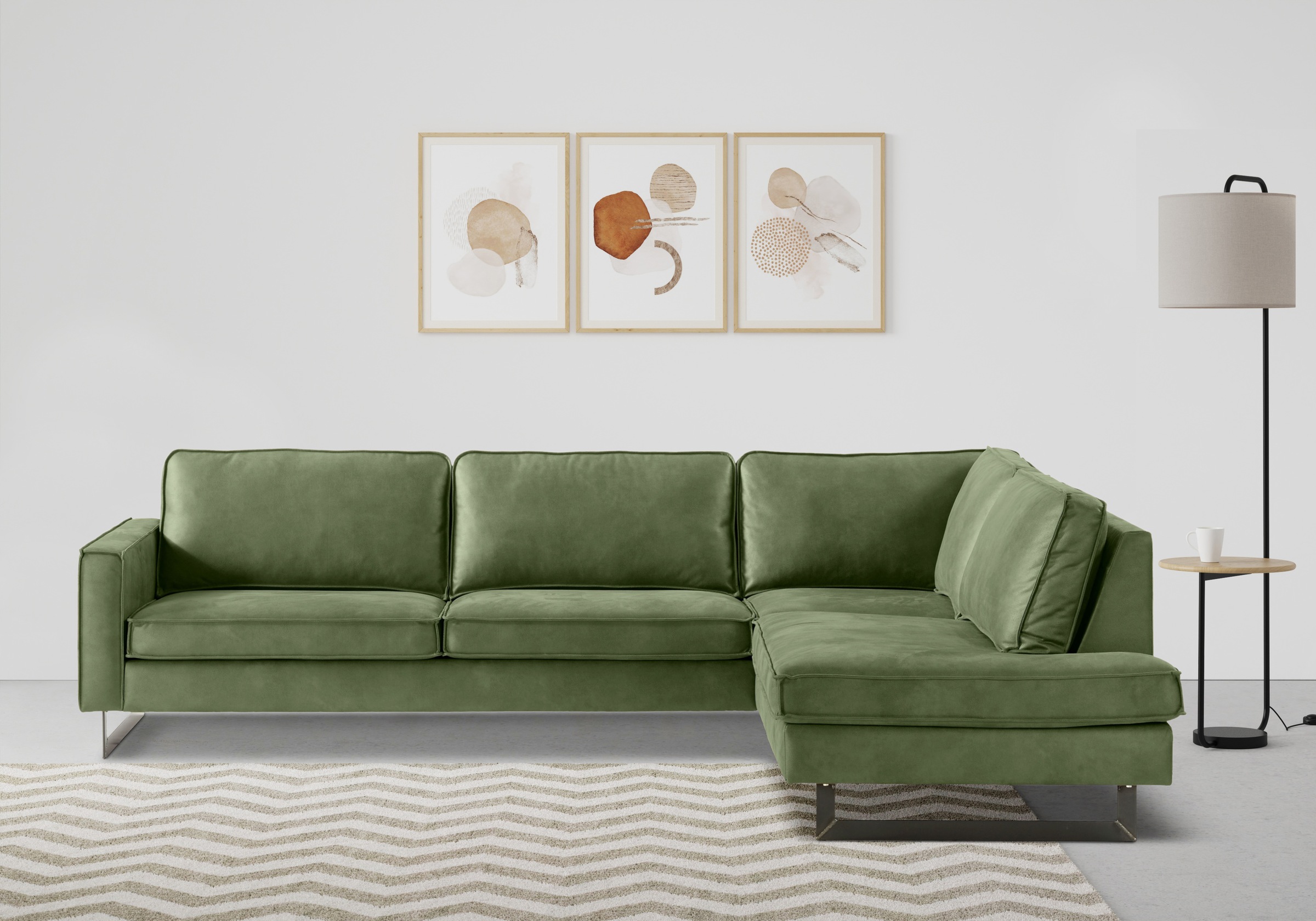Places of Style Ecksofa »Pinto, 290 cm, Cord, Chenille, Lederoptik, Ottomane links / rechts«, mit Keder, schwarze Metallfüße, Wellenunterfederung