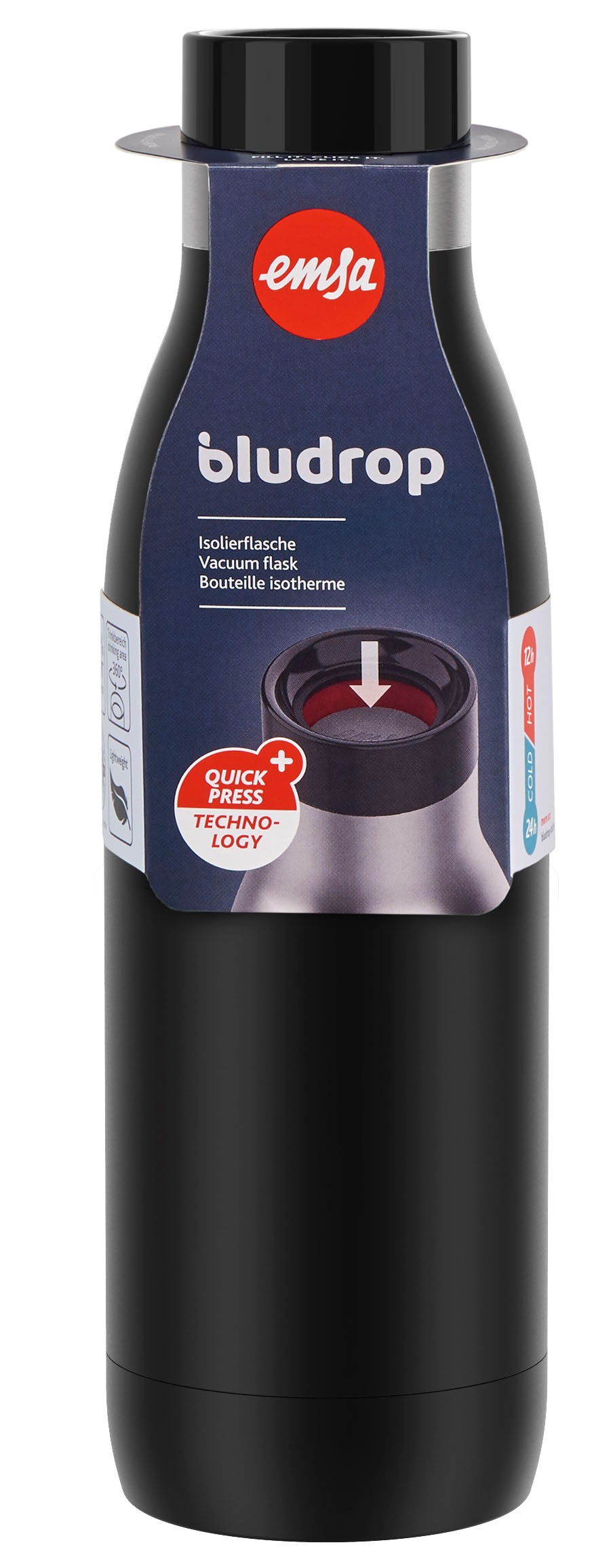 Emsa Isolierflasche »Trinkflasche Bludrop«, (1 tlg.), Edelstahl, Quick-Press Deckel, 360° Trinkgenuss, 12h warm/24h kühl