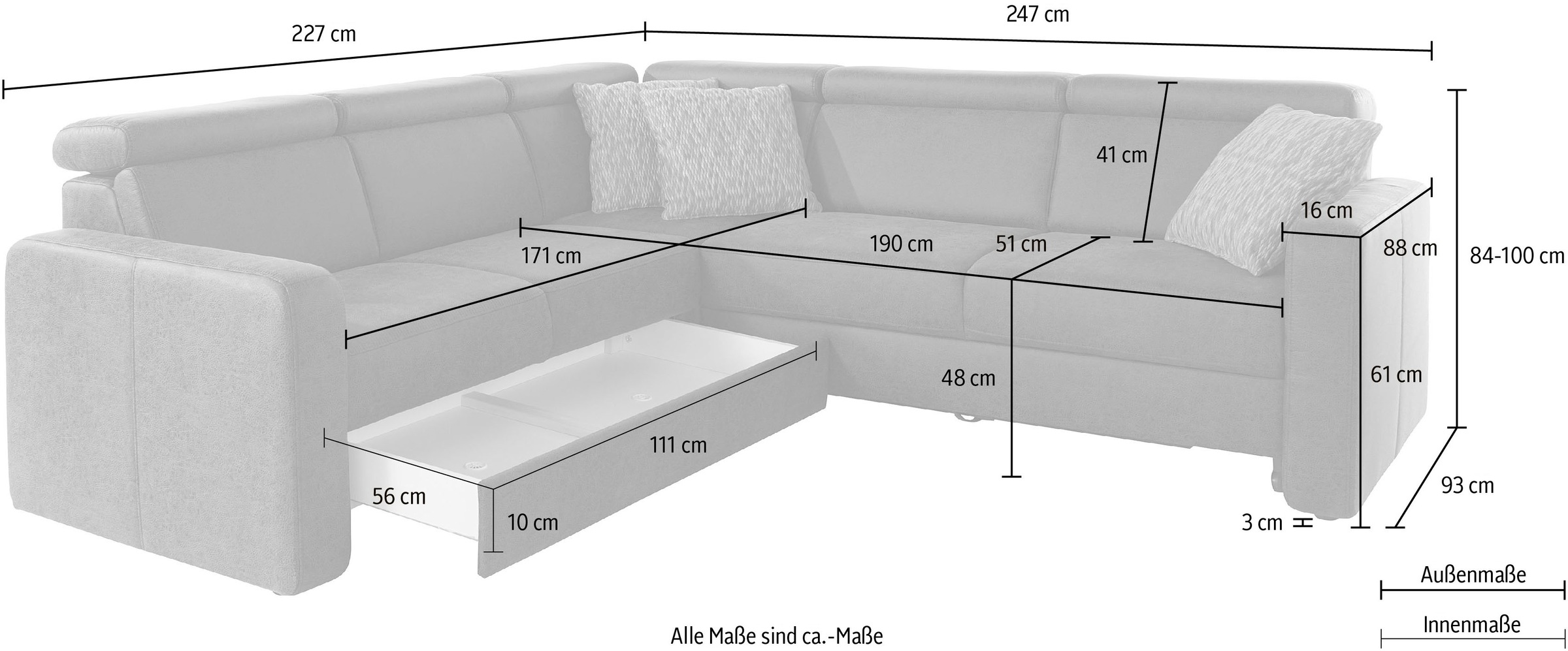 sit&more Ecksofa »Bologna L-Form«, Kopfteilverstellung, wahlweise mit Bettfunktion und Schubkasten