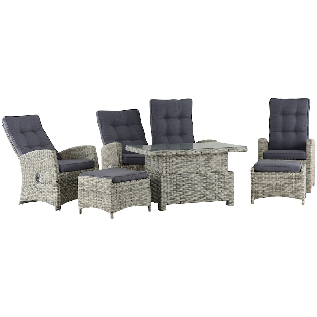 KONIFERA Gartenlounge-Set »Monaco«, (Set, 16 tlg., inkl. Auflagen, Alu, Polyrattan), höhenverstellbarer Tisch 43,5 - 66,5 cm