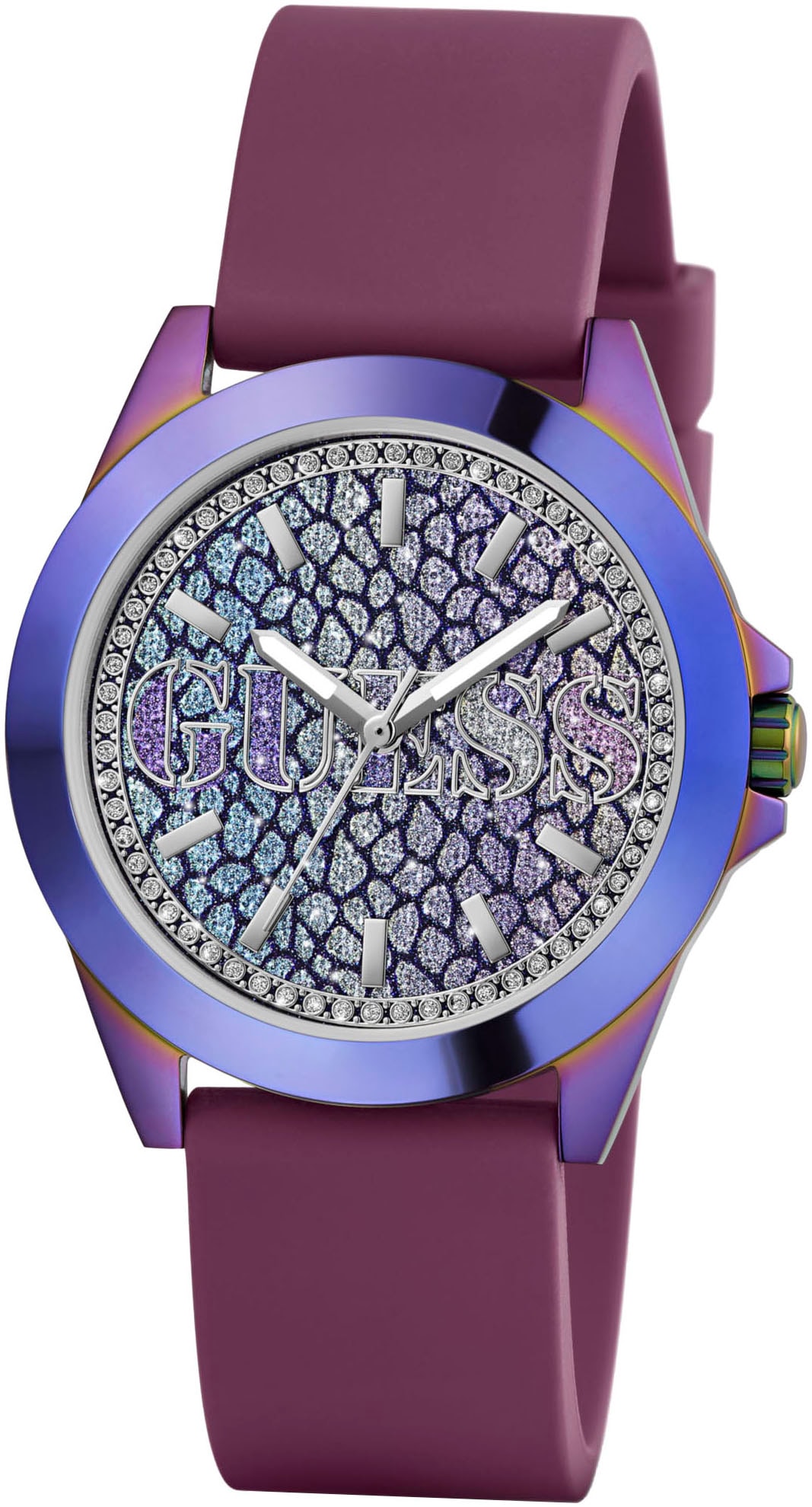 Guess Quarzuhr »MENAGERIE«, Armbanduhr, Damenuhr, Silikonarmband, Mineralglas, analog