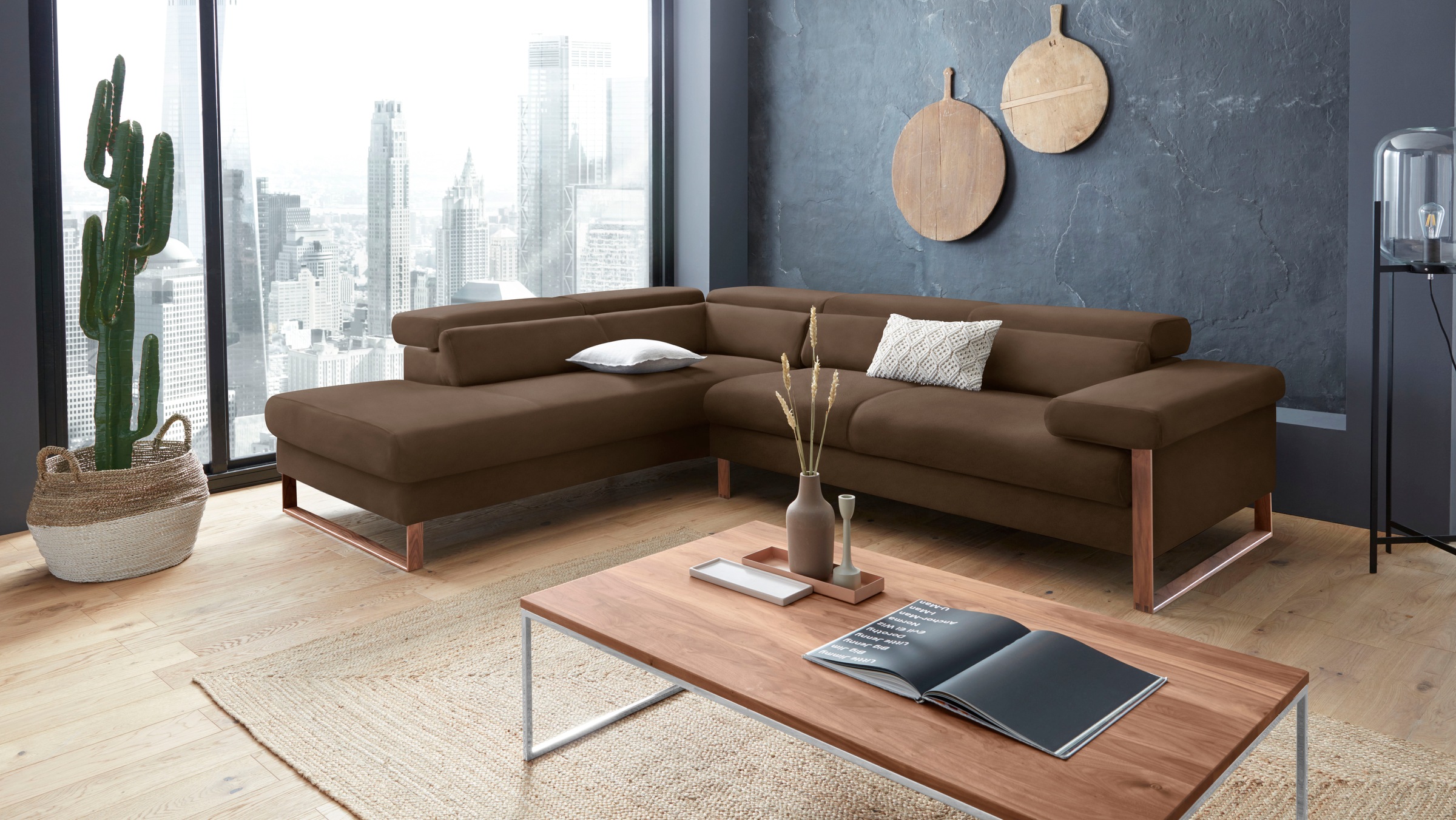 W.SCHILLIG Ecksofa »finn, Designsofa mit tollem Sitzkomfort, bequem, L-Form«, German Design Award 2016, Fußgestell Nussbaum natur, Breite 281 cm