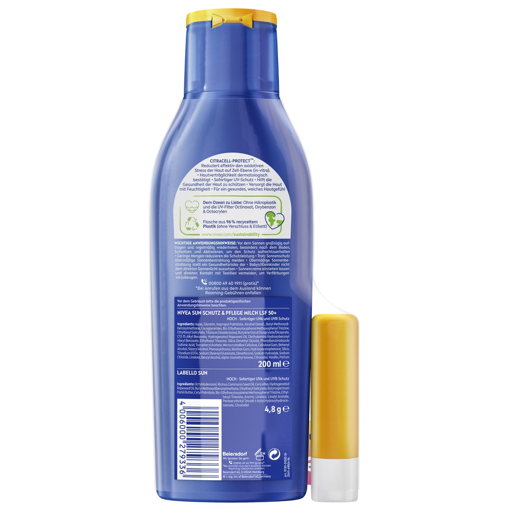 Nivea Sun Sonnenschutzlotion »Schutz & Pflege Lotion LSF50+ mit Labello Sun Gratis« mit Vitamin C & Hyaluron für doppelten Zellschutz
