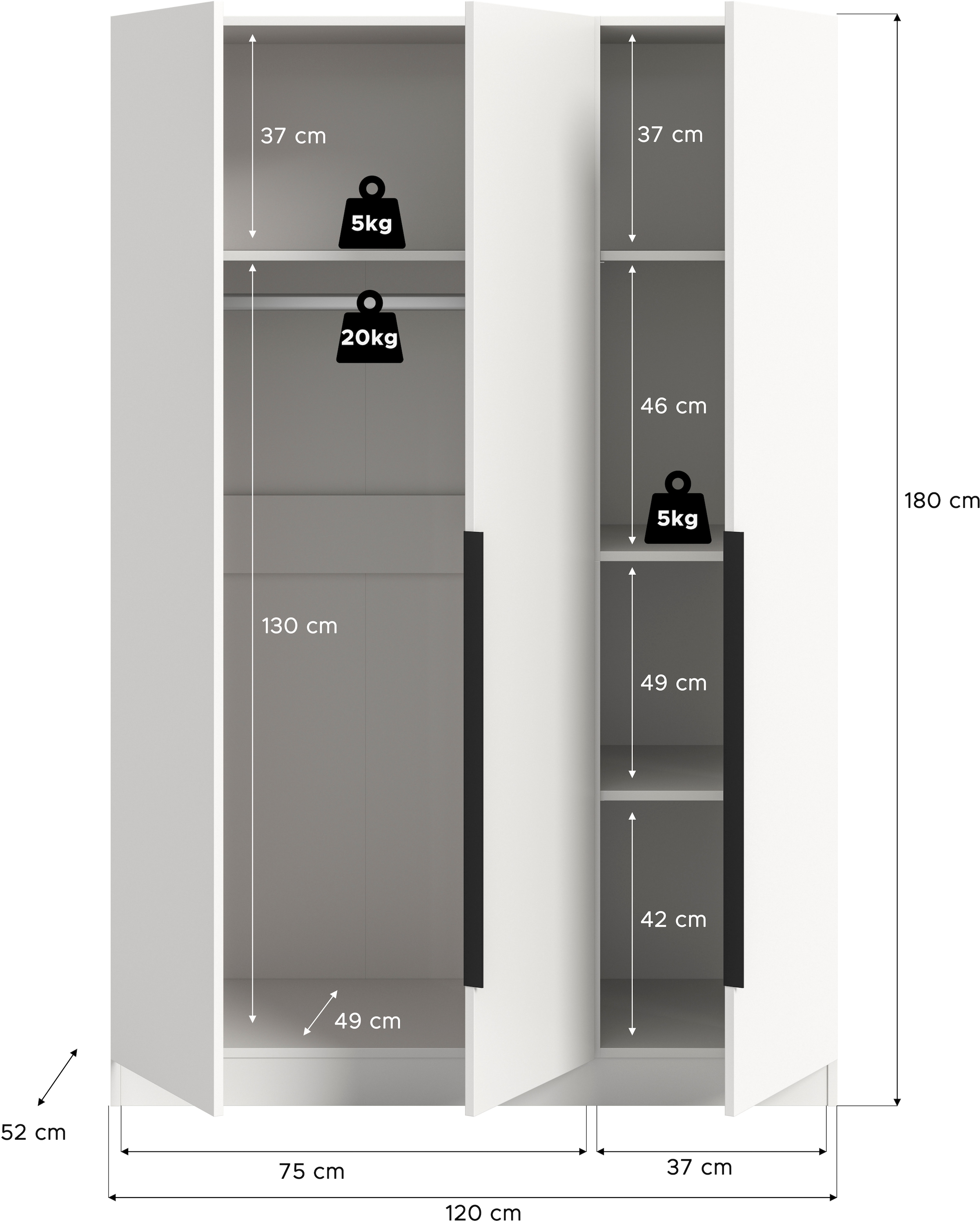 Home affaire Kleiderschrank »Skarde Schlafzimmerschrank, Garderobe, Schrank, Bestseller«, (Otto Bestseller Garderobe Schlafzimmerschrank), Breite: 120 cm, weiß, Kleiderstange 4 Böden