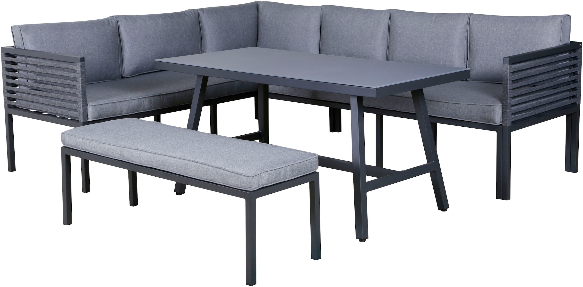 KONIFERA Gartenlounge-Set »Ecklounge »Edessa««, (Set, 14 tlg., 2x 3er Sofa, Tisch 70x140x69 cm, 1 Sitzbank, inkl. Auflagen), Armlehne mit Seilgeflecht und Nonwood-Latten
