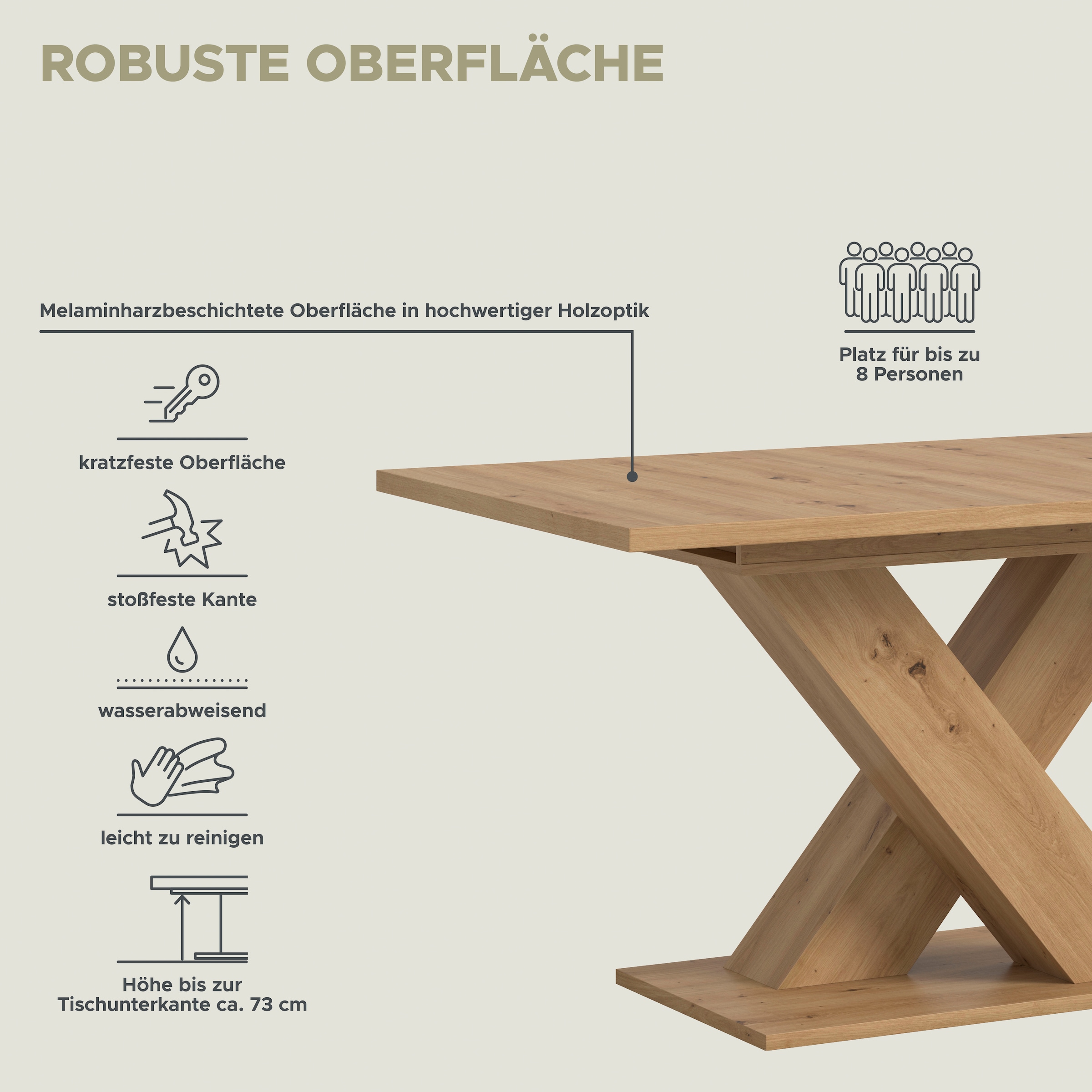 INOSIGN Esstisch »Motus, ausziehbar 150 -190 cm, inklusive 40 cm Einlegeplatte«, (Set, 1 St.), X-Gestell mit Bodenplatte, Tisch, Küchentisch, Esszimmer, Küche