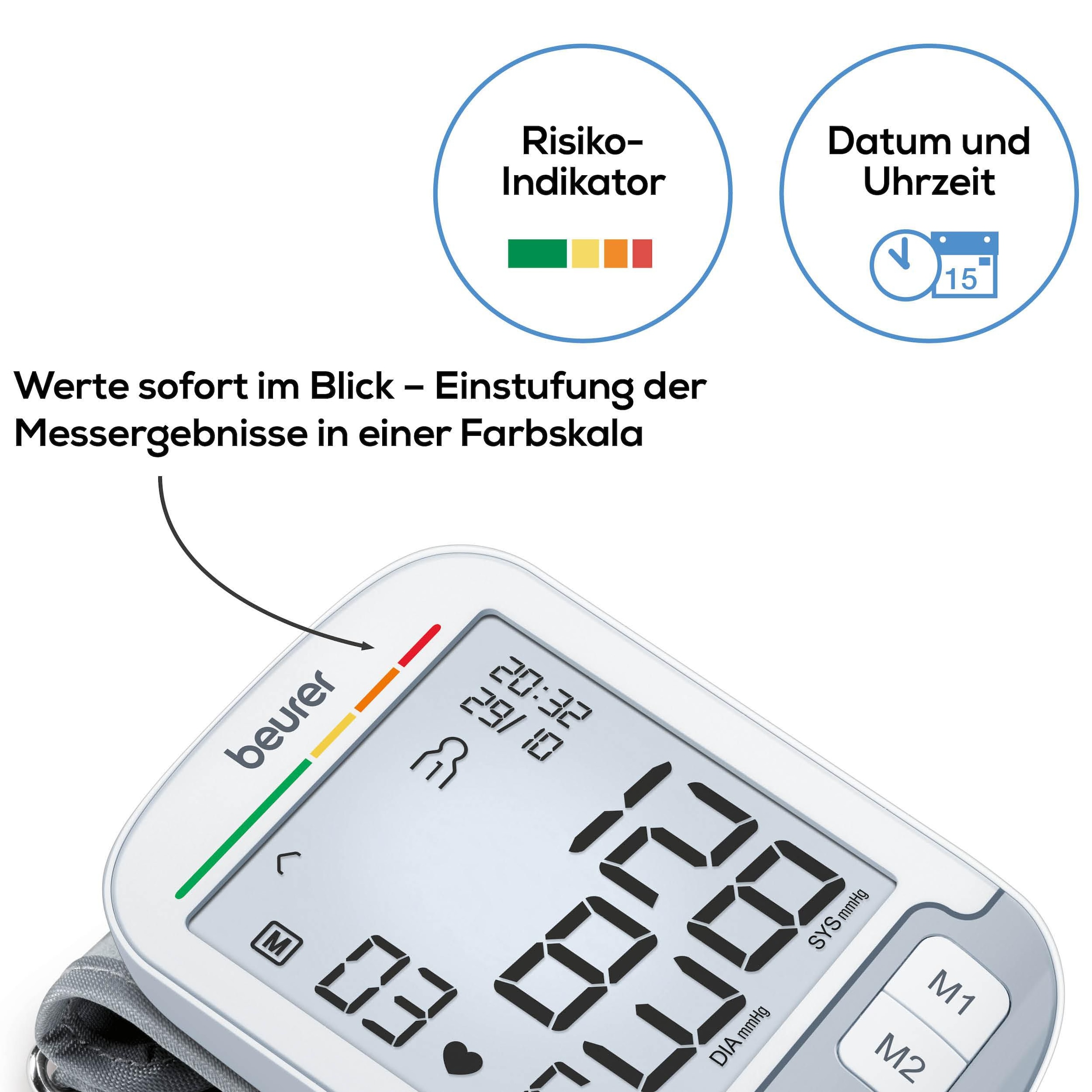 BEURER Handgelenk-Blutdruckmessgerät »BC 51 mit Durchschnittswertberechnung der letzten 7 Tage«, Farbiger Risikoindikator und Arrhythmie-Erkennung