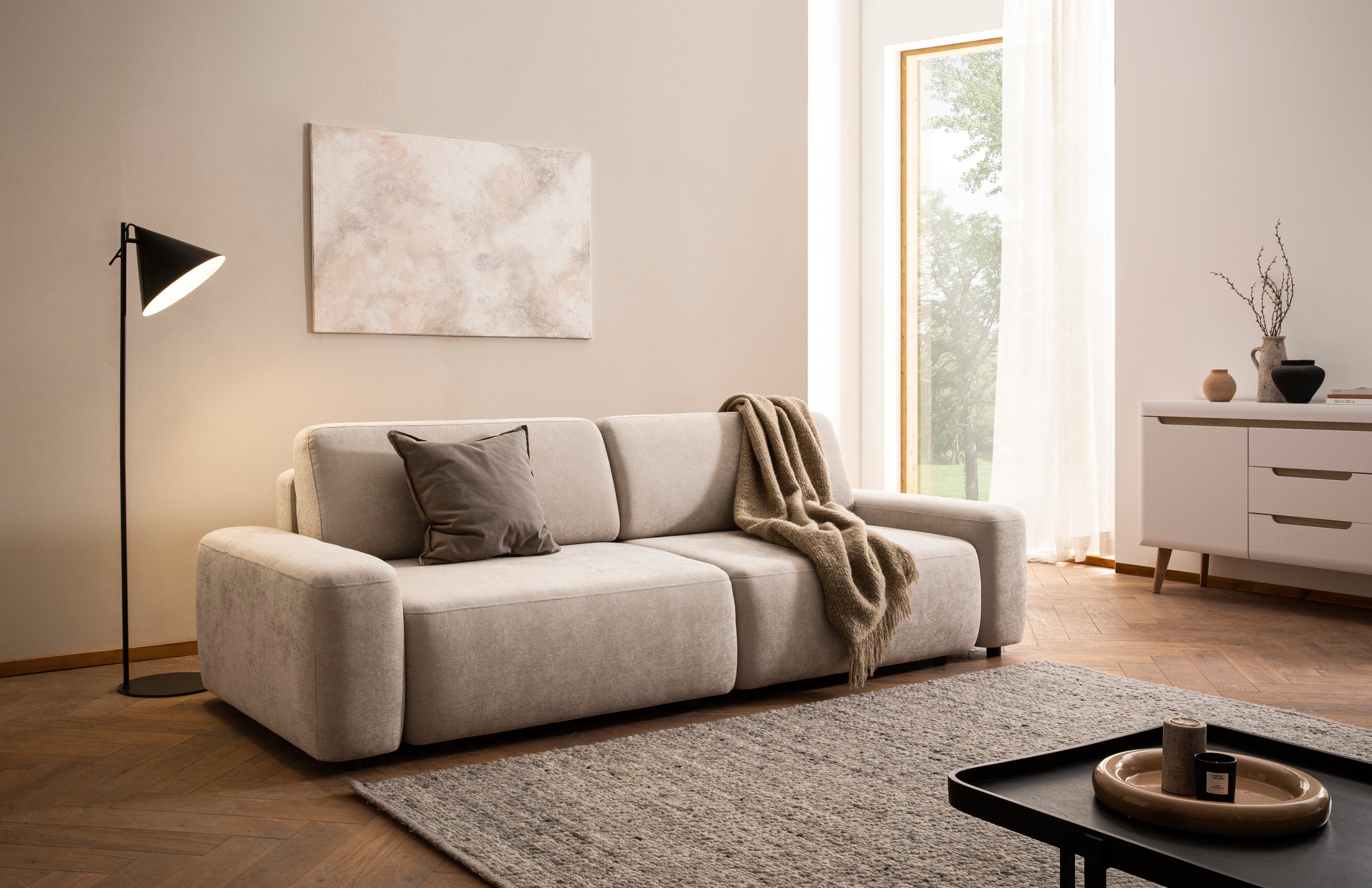 INOSIGN 3-Sitzer »TORGE (257cm), Sofa,Schlafsofa in Cord, Samtvelours, Struktur fein«, rundes Design, Schlaffunktion u. Bettkasten, Liegefläche: 135/200 cm