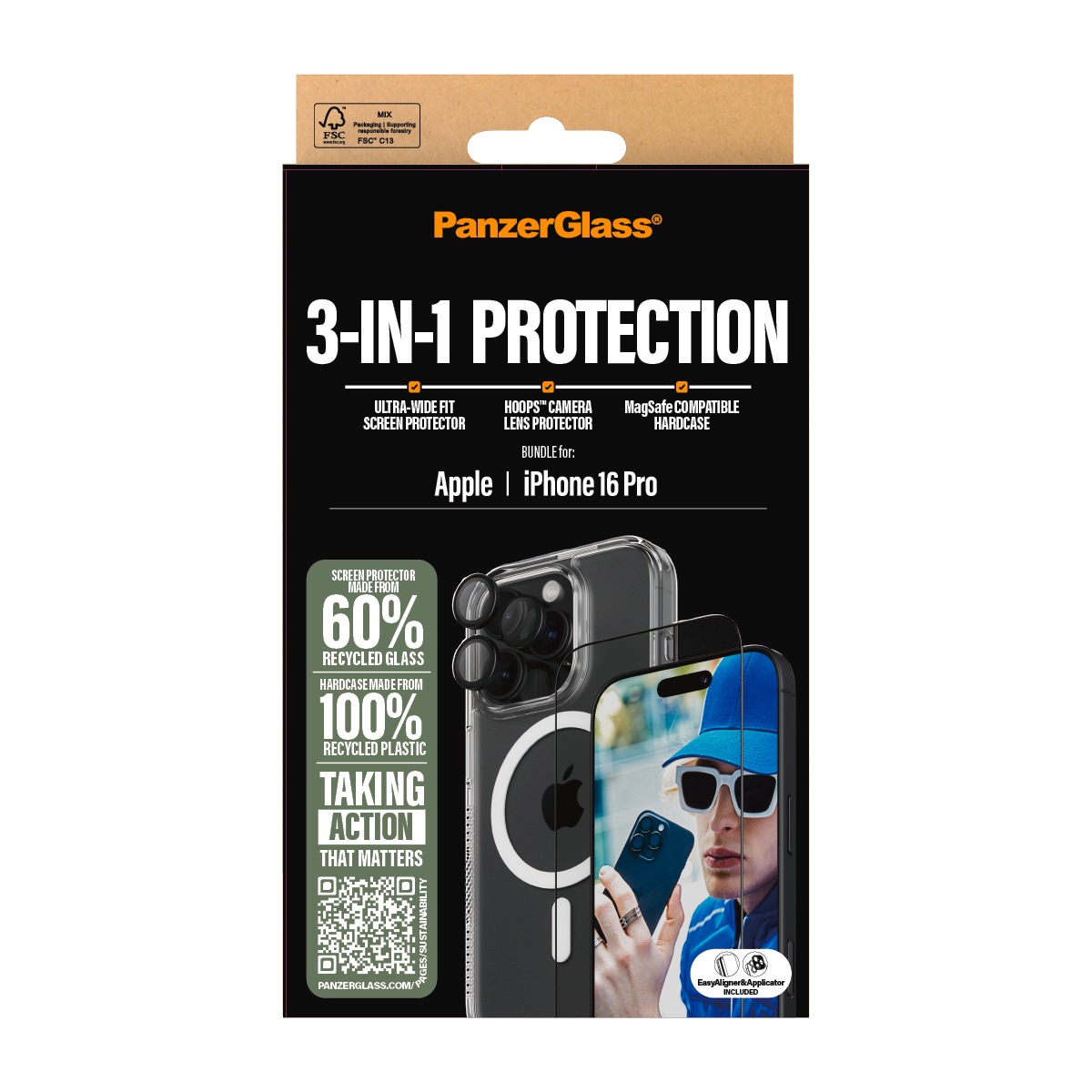 PanzerGlass Displayschutzglas »3-in-1 Protection, Glass, Hoops, Case«, für Apple iPhone 16 Pro, Displayschutzfolie, Schutzfolie, Bildschirmschutz, kratz- & stoßfest