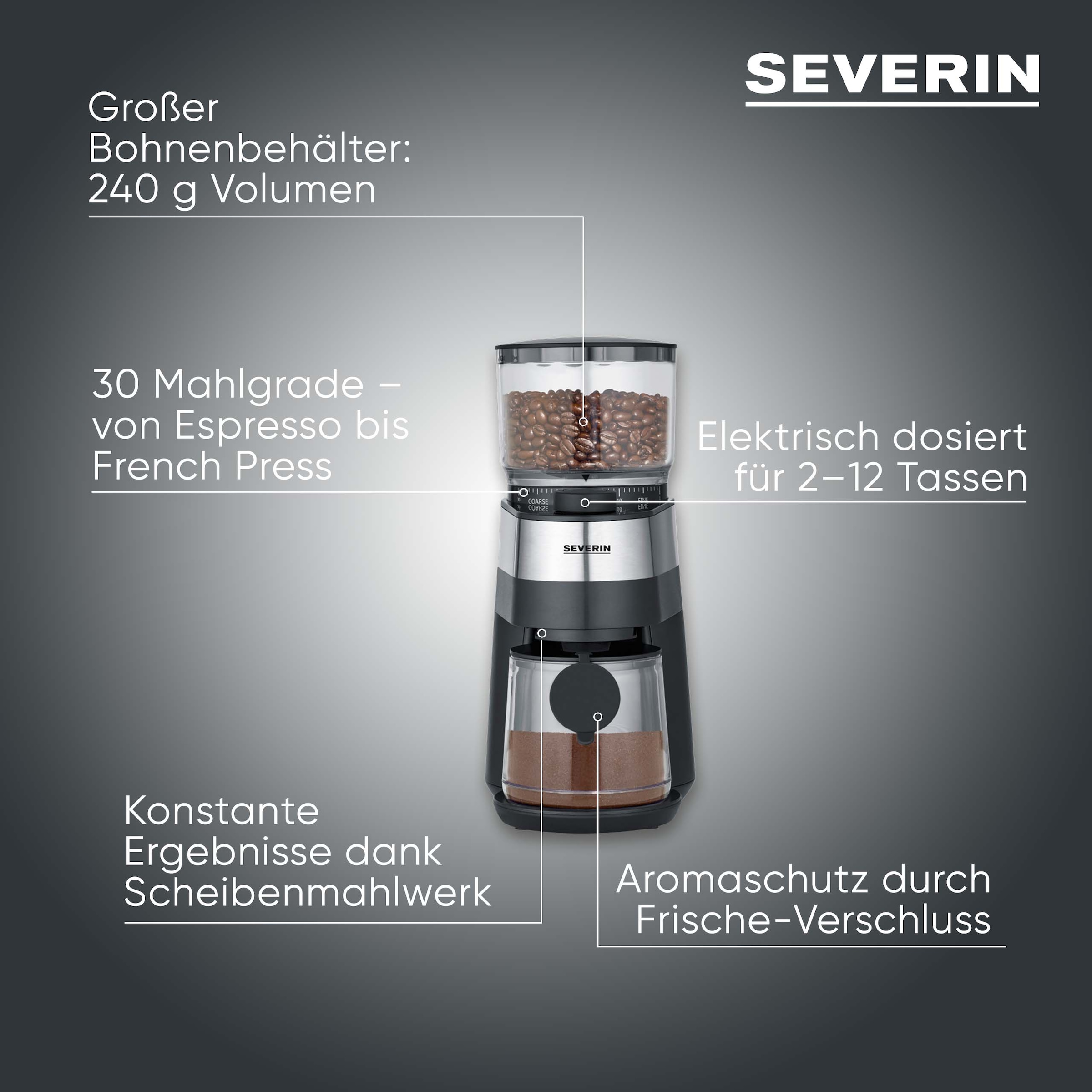 Severin Kaffeemühle »KM 3880« Scheibenmahlwerk 240 gBohnenbehälter bis 240g Bohnen, Aromaverschluss, Mahlgrad in 30 Stufen einstellbar