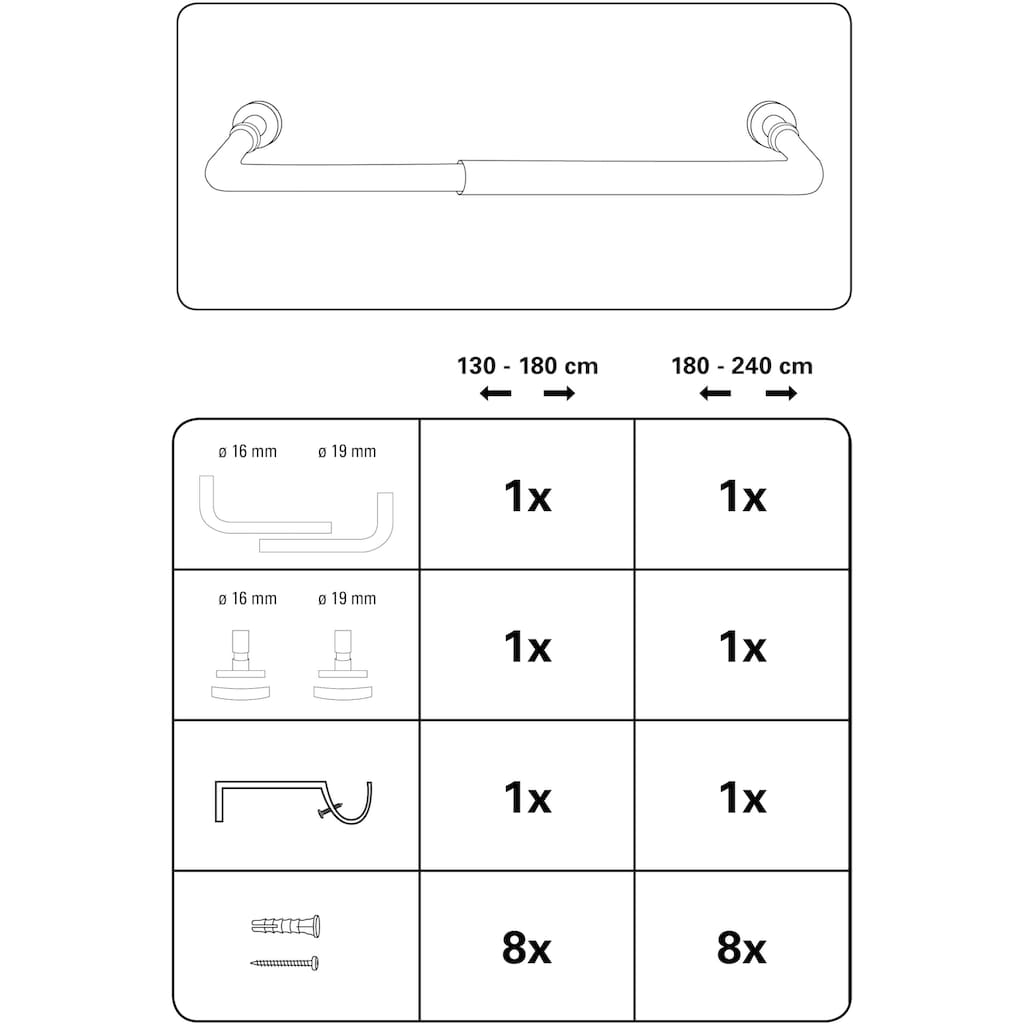 GARDINIA Gardinenstange »Gardinenstangen Set Lisa 1-Lauf mit Bogen Ø 19 mm«, 1 läufig-läufig, Fixmaß