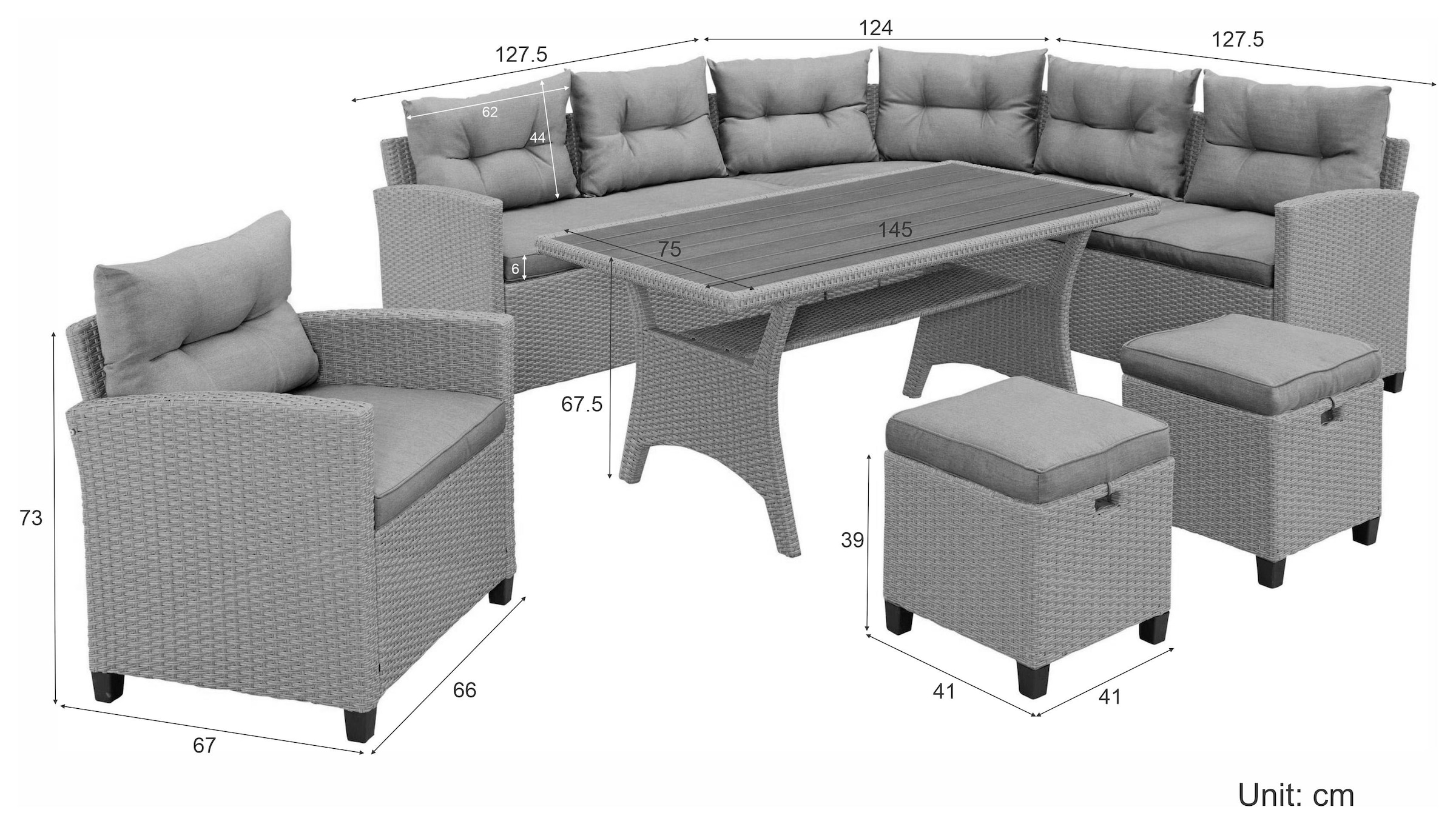 KONIFERA Gartenlounge-Set »Keros Premium«, (Set, 20 tlg., 2x 2er Sofa, 1x Ecke, 1x Sessel, 2x Hocker, 1x Tisch 145x75x67,5cm), Ecklounge, Polyrattan, Stahl, geeignet für 8 Personen, inkl. Auflagen