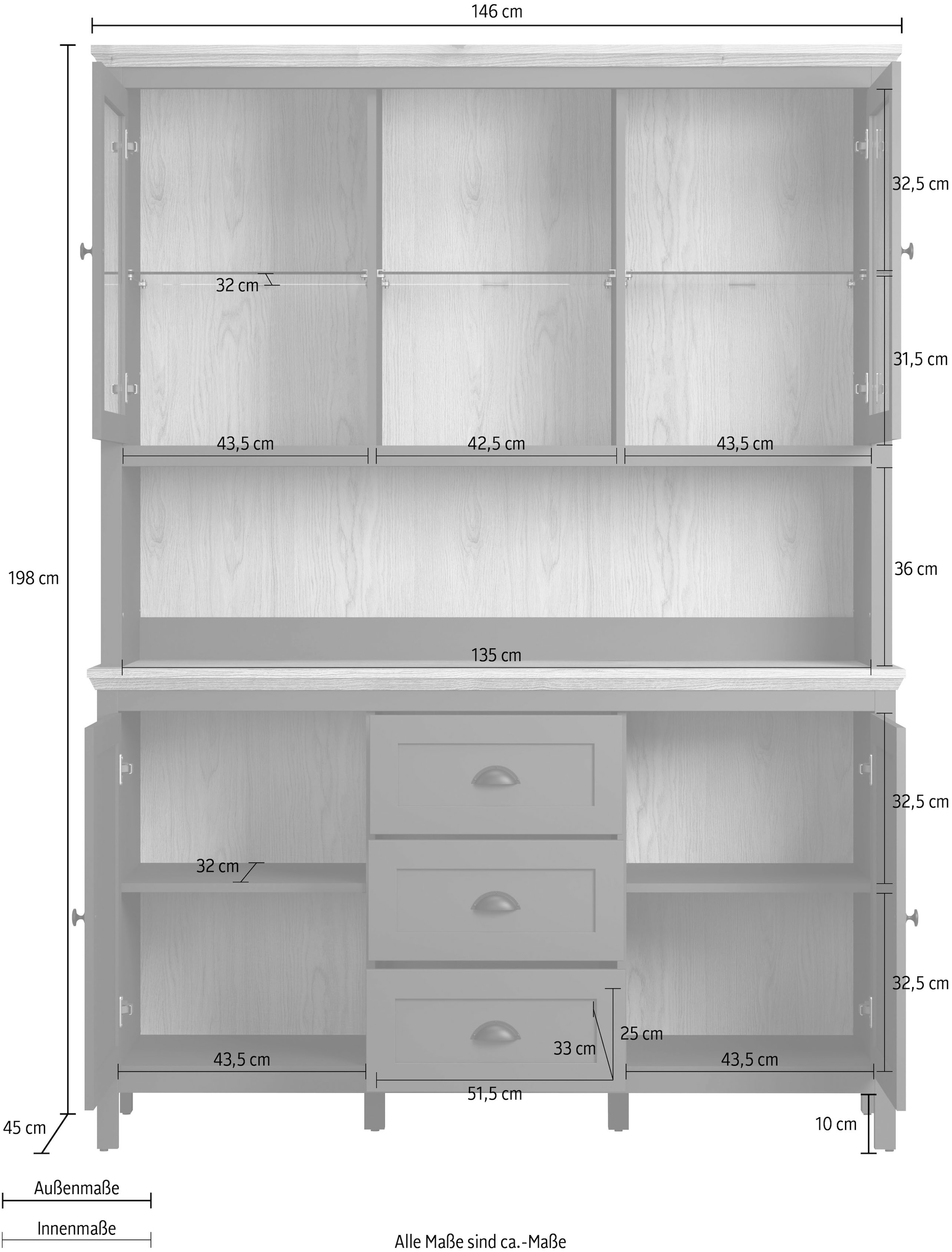 Home affaire Buffet »Vienna«, (Set, 1 St.), Vitrine im Landhausstil - Geschirrschrank (B/T/H) 146/45/198 cm