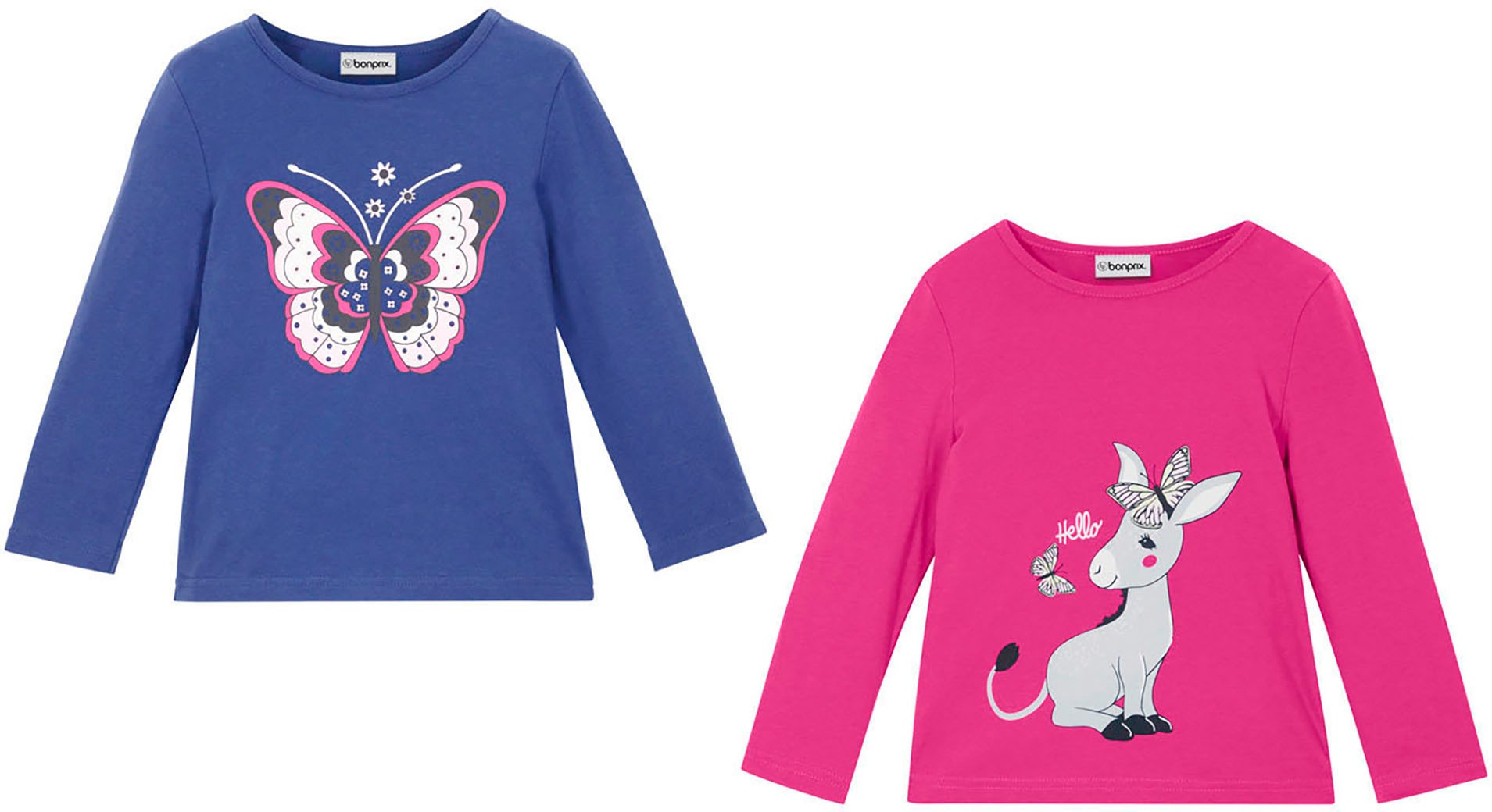 bonprix Langarmshirt Packung, 2 tlg. Regular Fit, mit Print auf der Vorderseite, aus Baumwolle