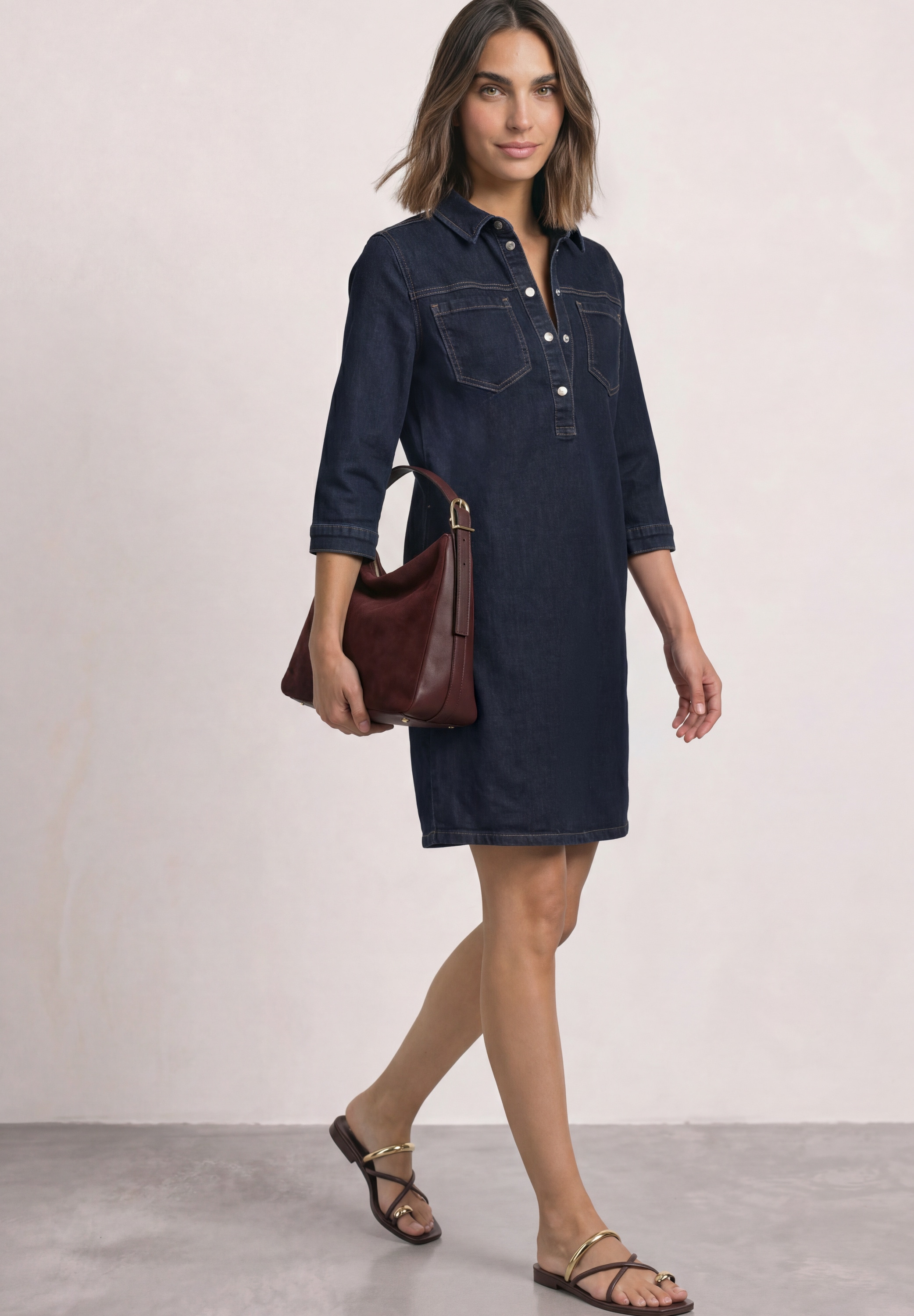 STREET ONE Jeanskleid Brusttaschen Knielanges Denim Sommerkleid mit 3/4-Arm