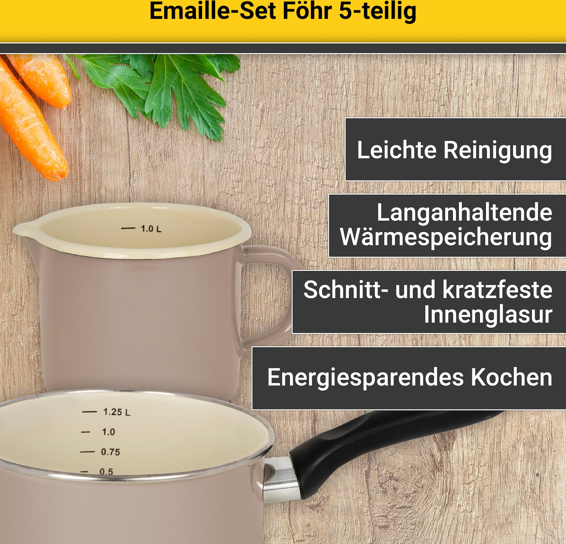 Krüger Topf-Set »Föhr«, Emaille, (Set, 8 tlg., Fleischtopf 16/20/24 cm, Stieltopf 16 cm, Milchtopf 12 cm), Induktion
